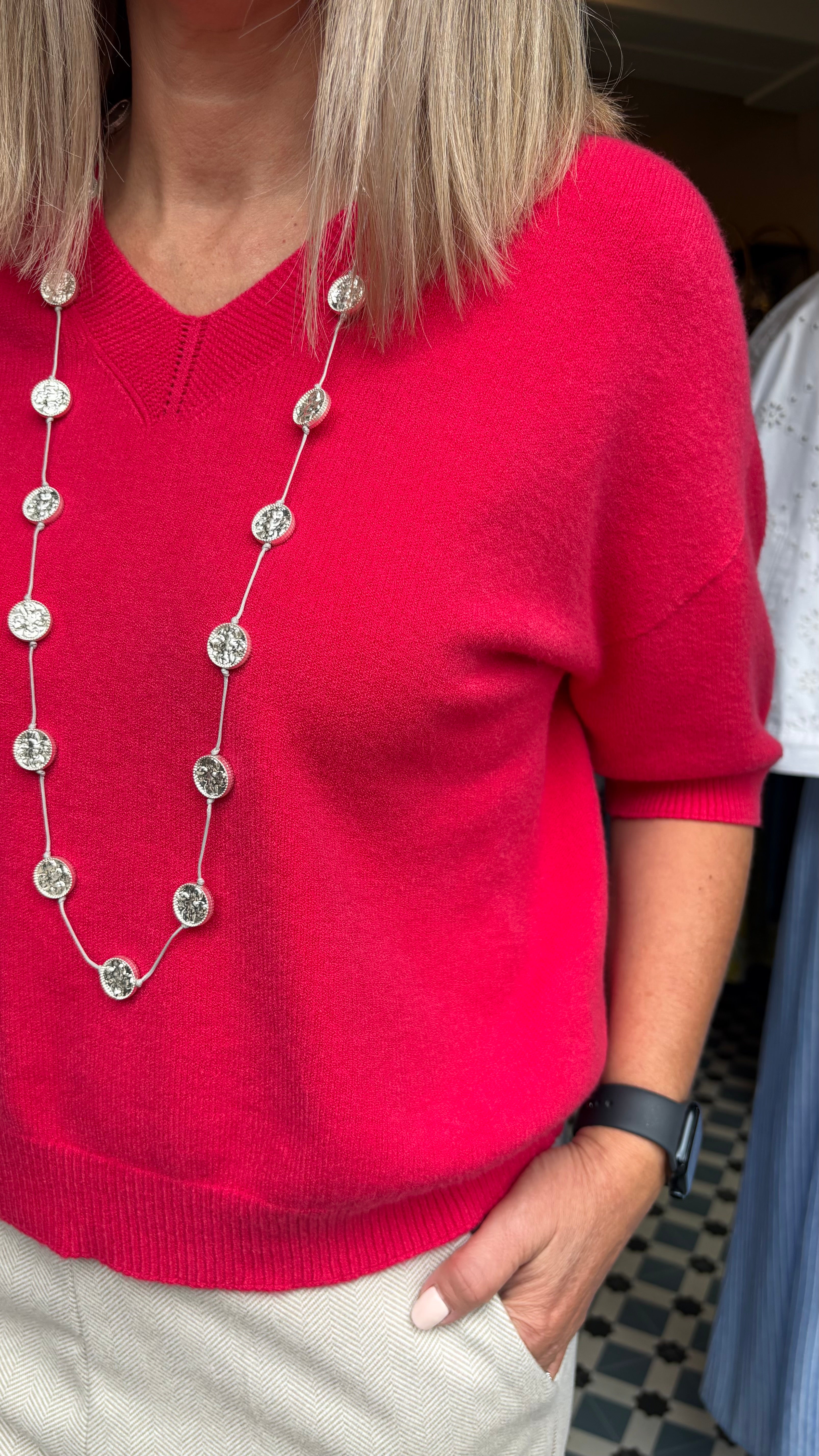 V-Neck Short Sleeve Jumper - Raspberry