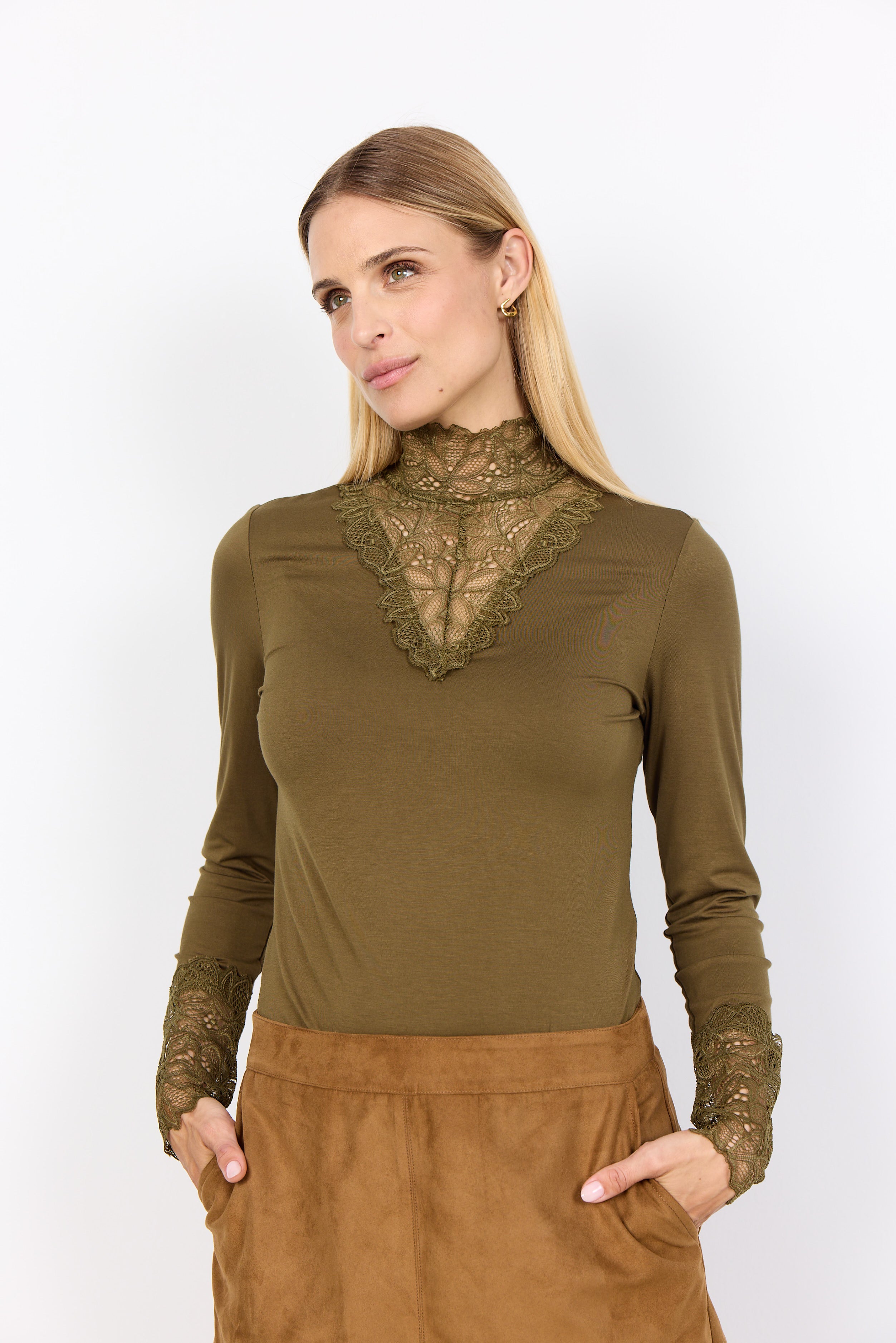 Marcia Lace Trim Top - Dark Olive