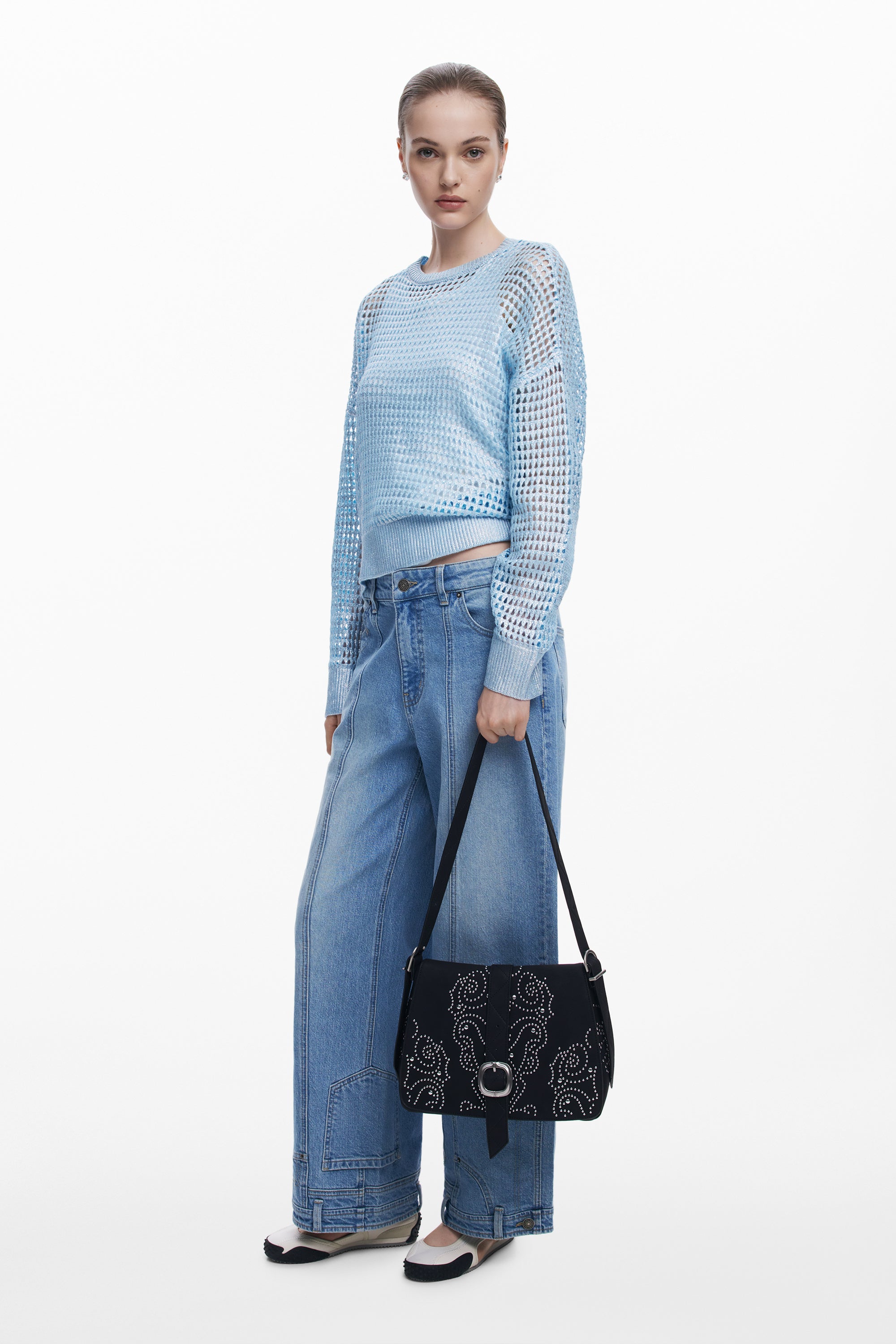 Faux Leather Studded Bag - Black