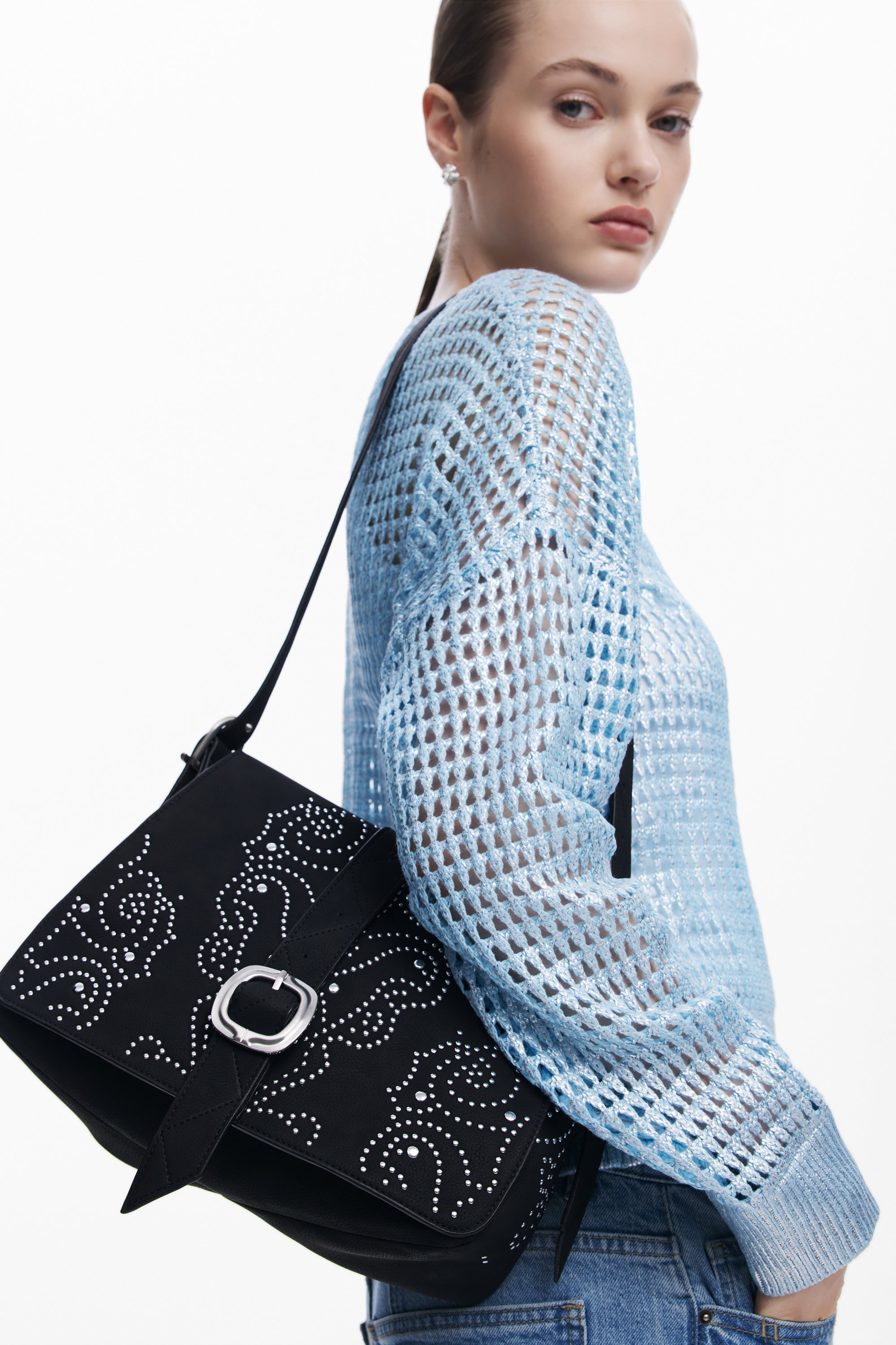 Faux Leather Studded Bag - Black