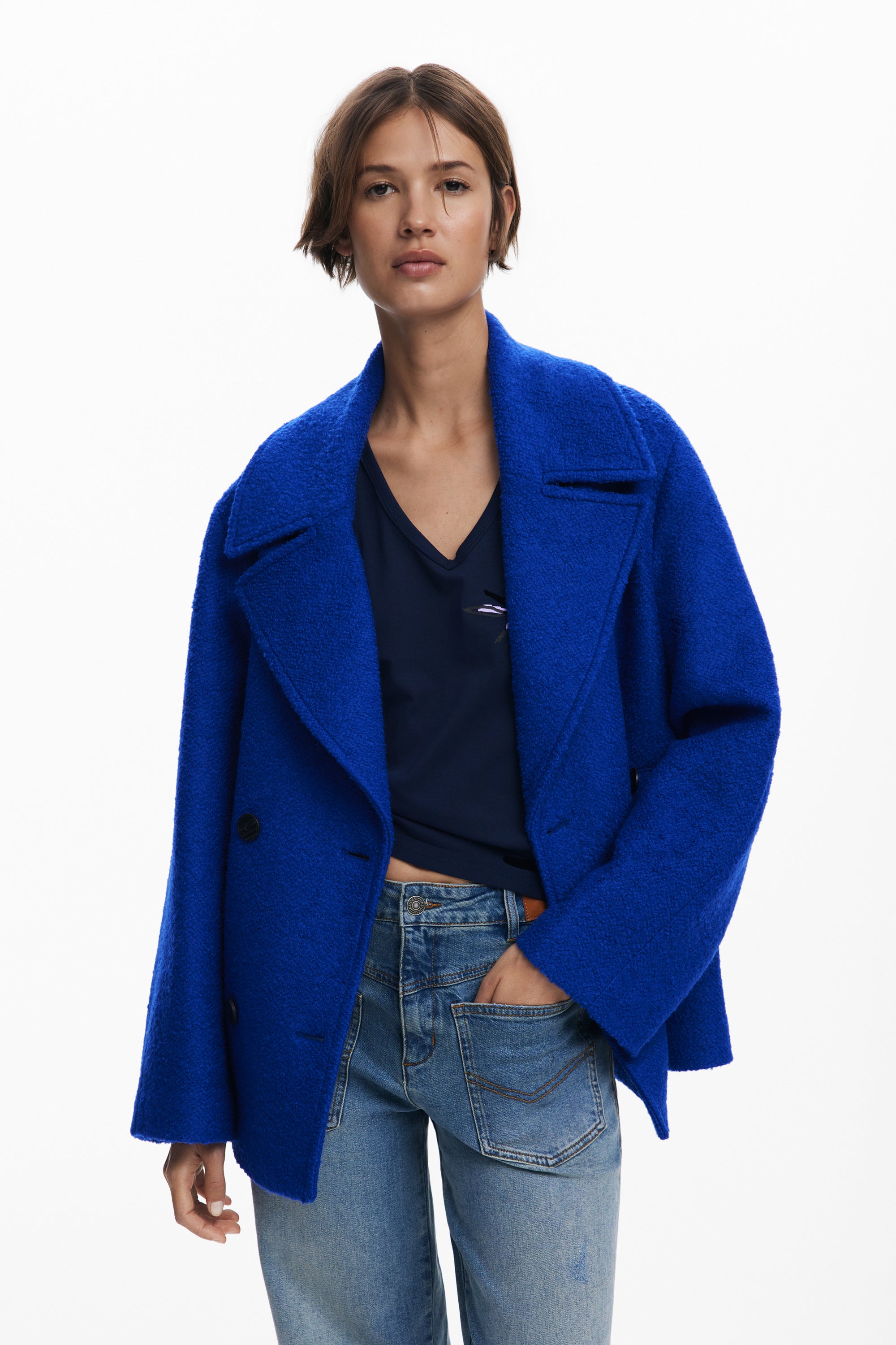 Double Breasted Wool Coat - Electric Blue