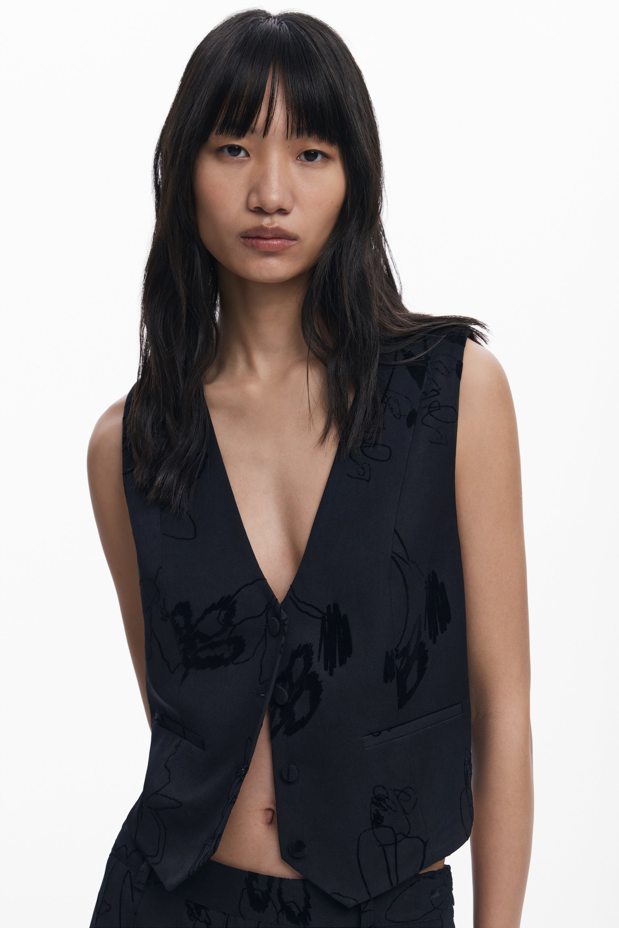 Embossed Flower Print Waistcoat | Black