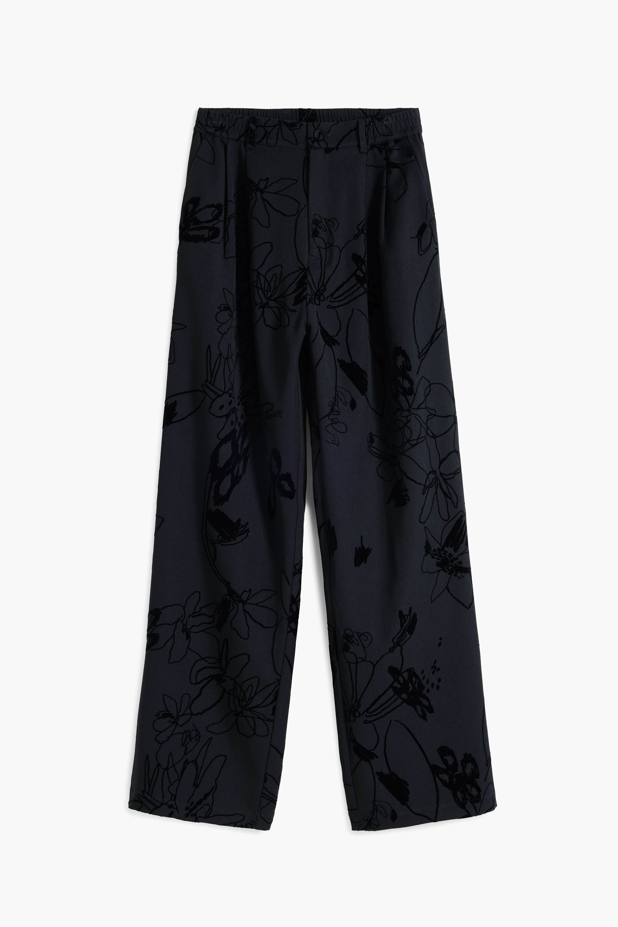 Embossed Flower Print Trousers - Black