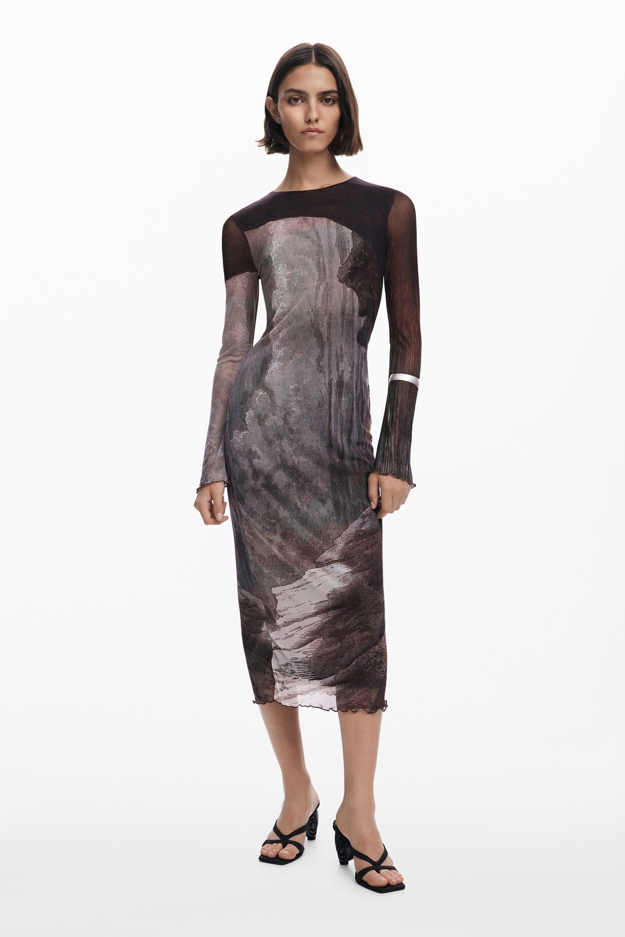 Stormy Tulle Midi Dress - Brown/White