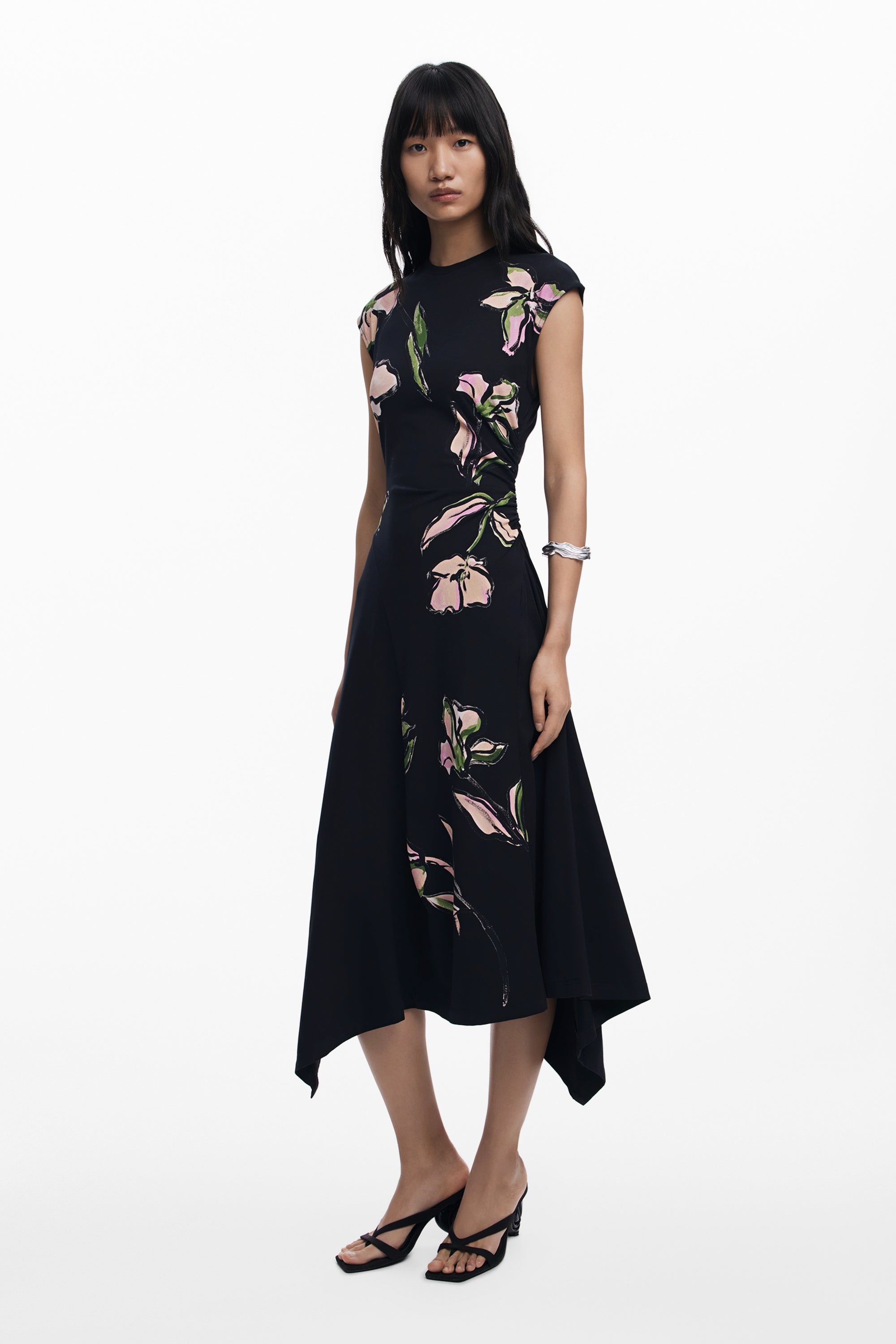 Floral Handkerchief Midi Dress | Black/Pink