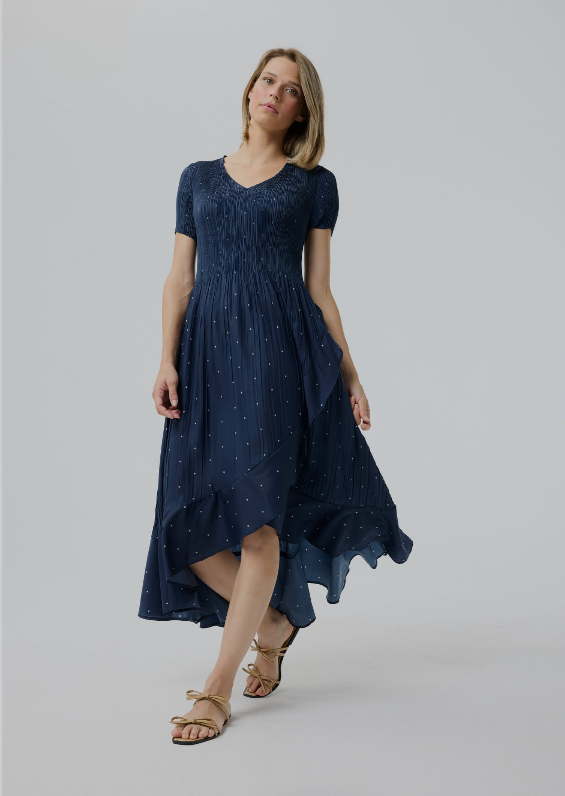 Plisse Polka Dot Dress - Navy