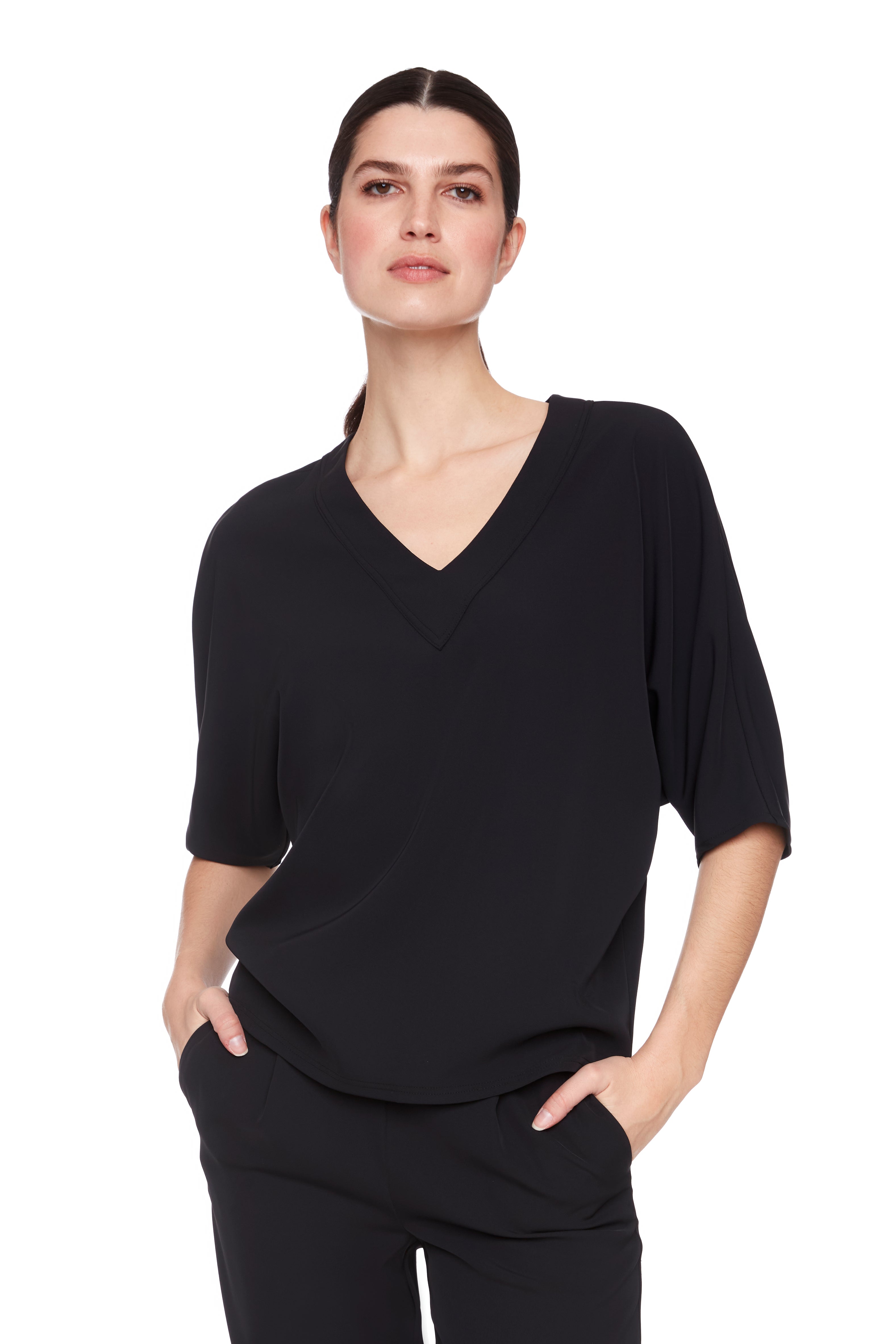 Vegan Silk V-Neck Top - Black