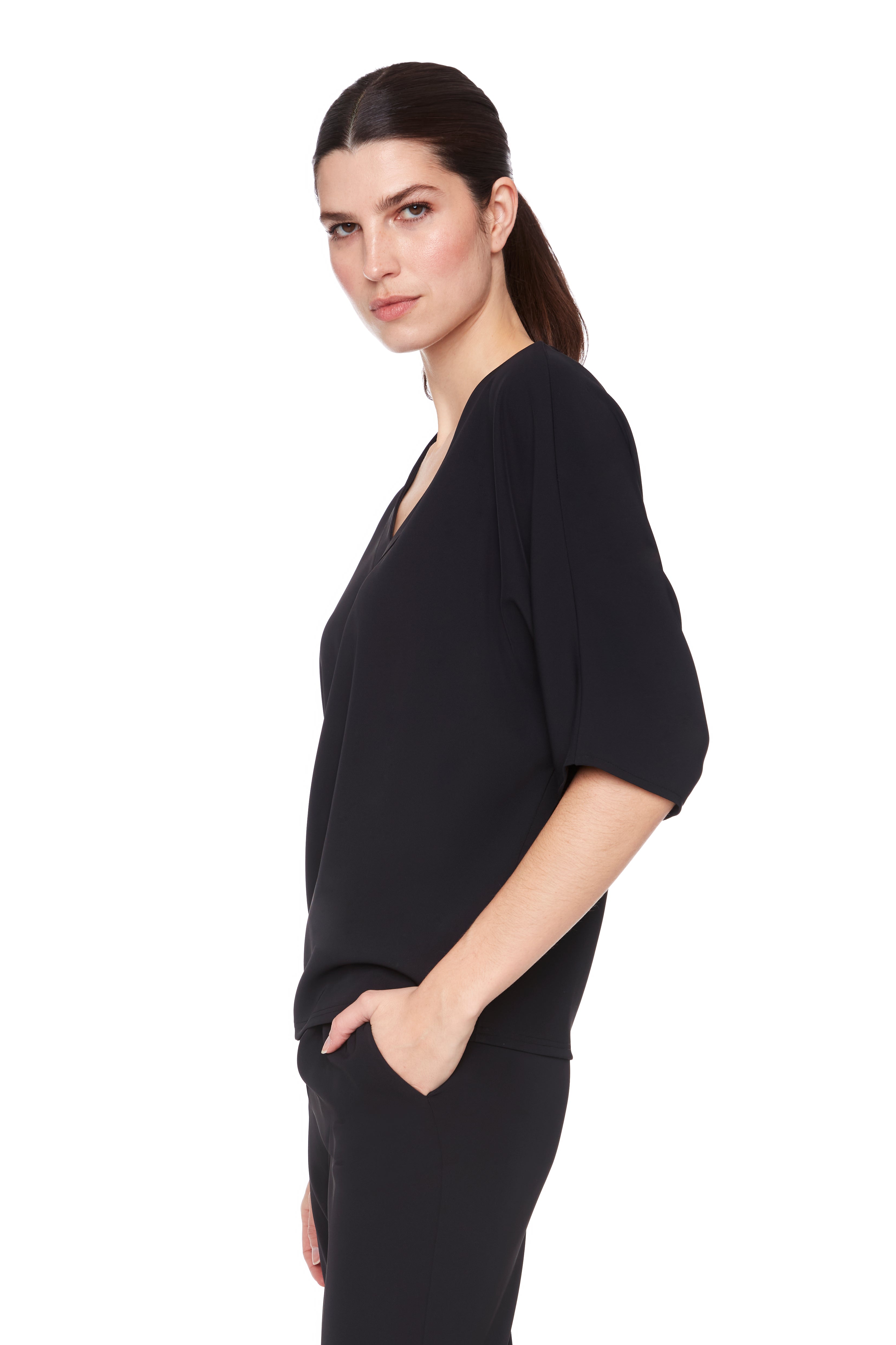 Vegan Silk V-Neck Top - Black