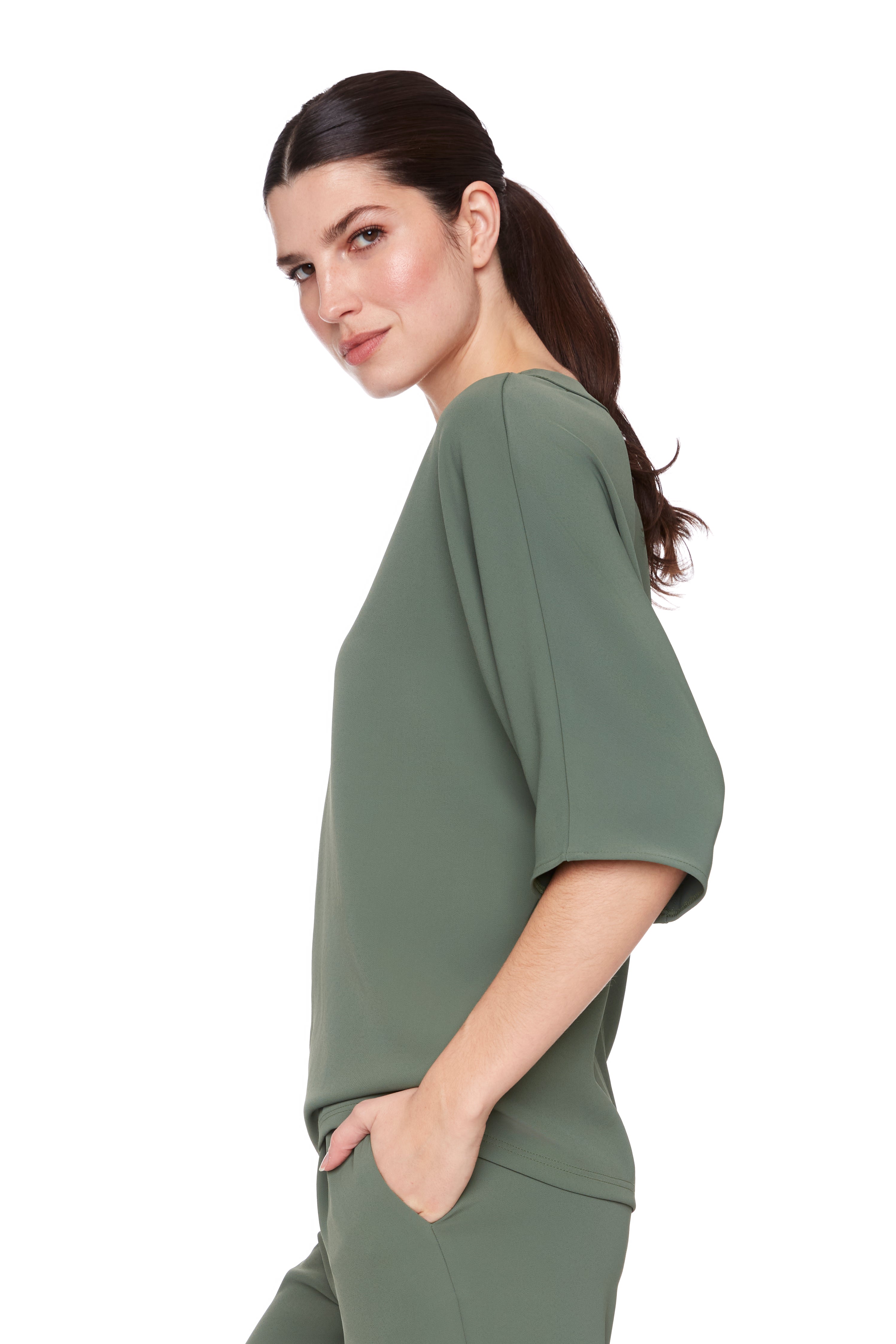 Vegan Silk V-Neck Top - Khaki
