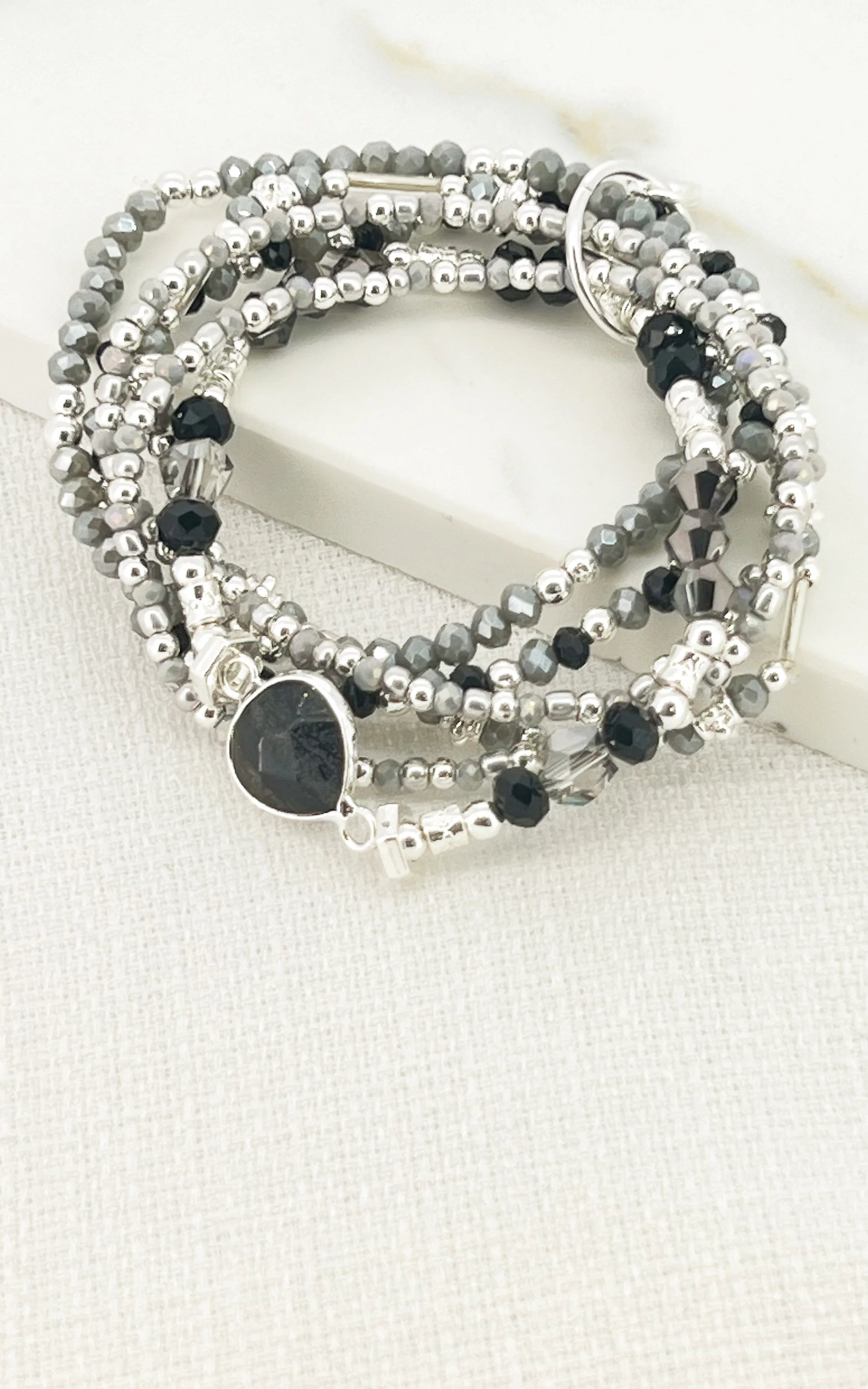 Beaded Layered Bracelet - Silver/Grey
