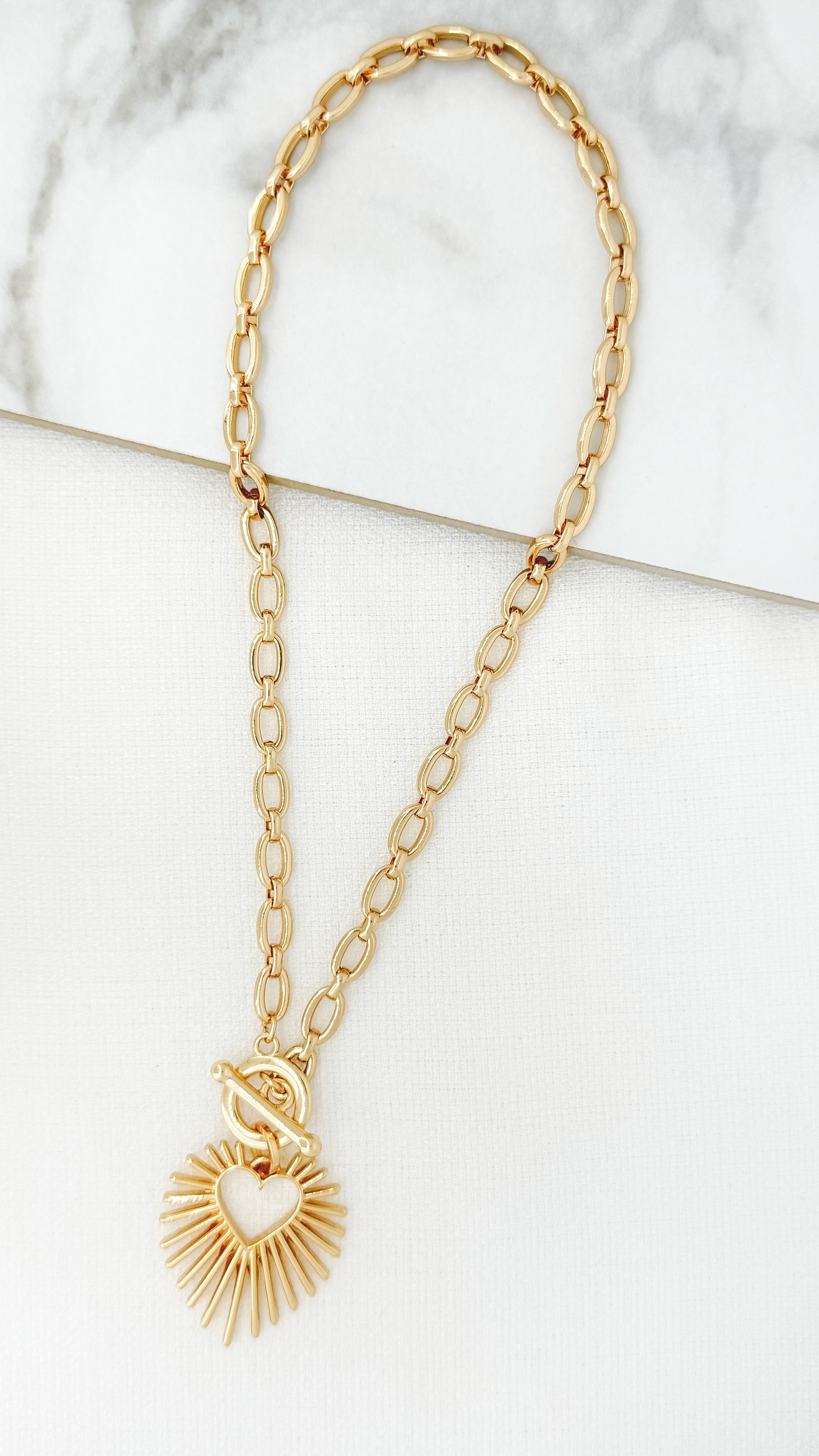 Short T-Bar Heart Necklace - Gold