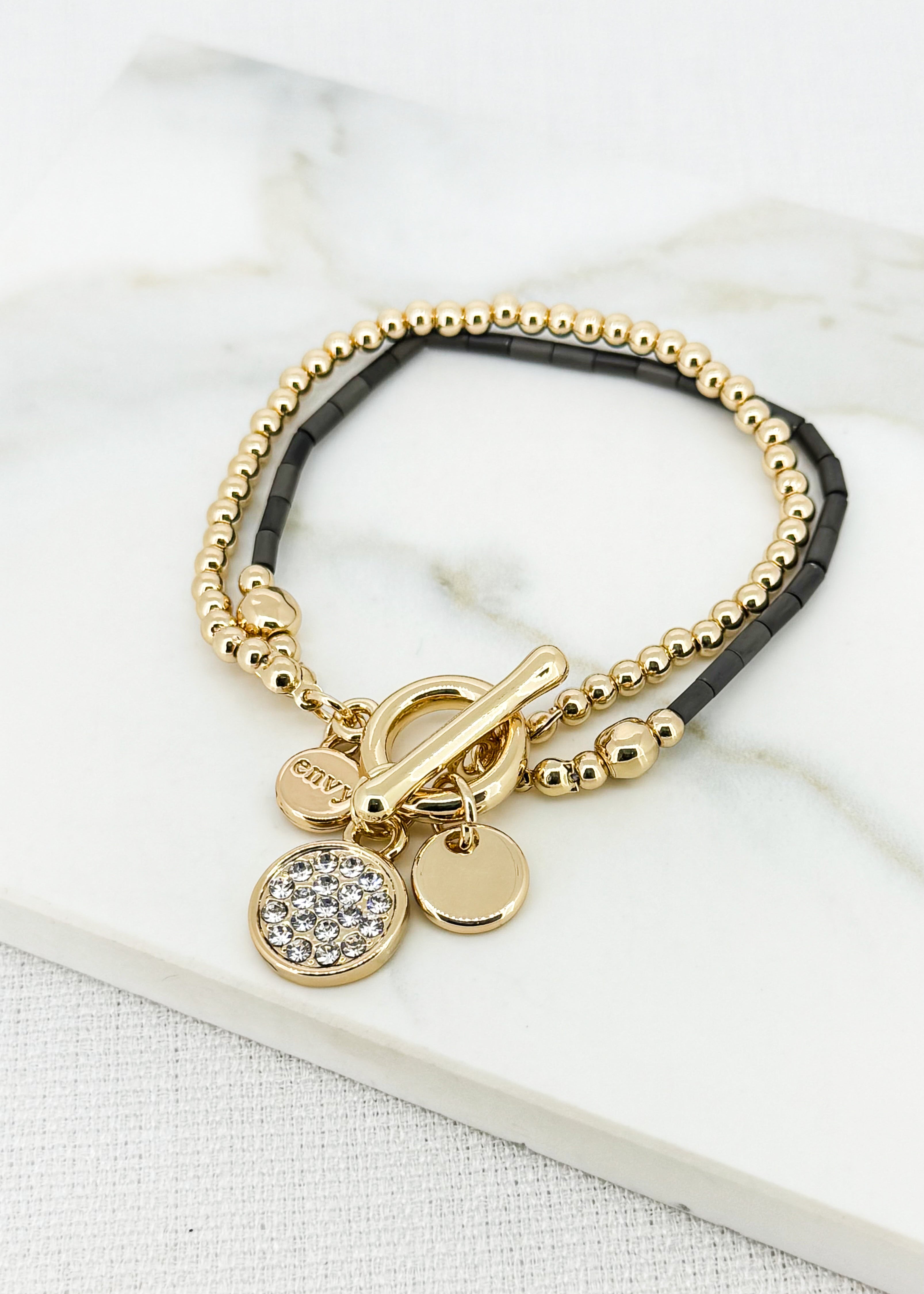 Multi Bead T-Bar Bracelet - Gold/Black