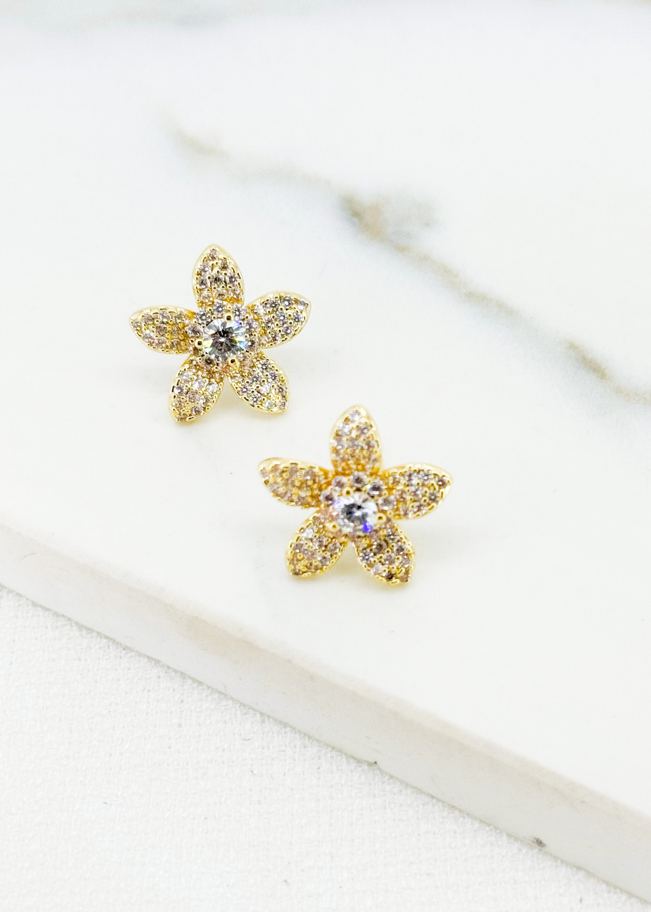 Diamante Flower Earrings - Gold