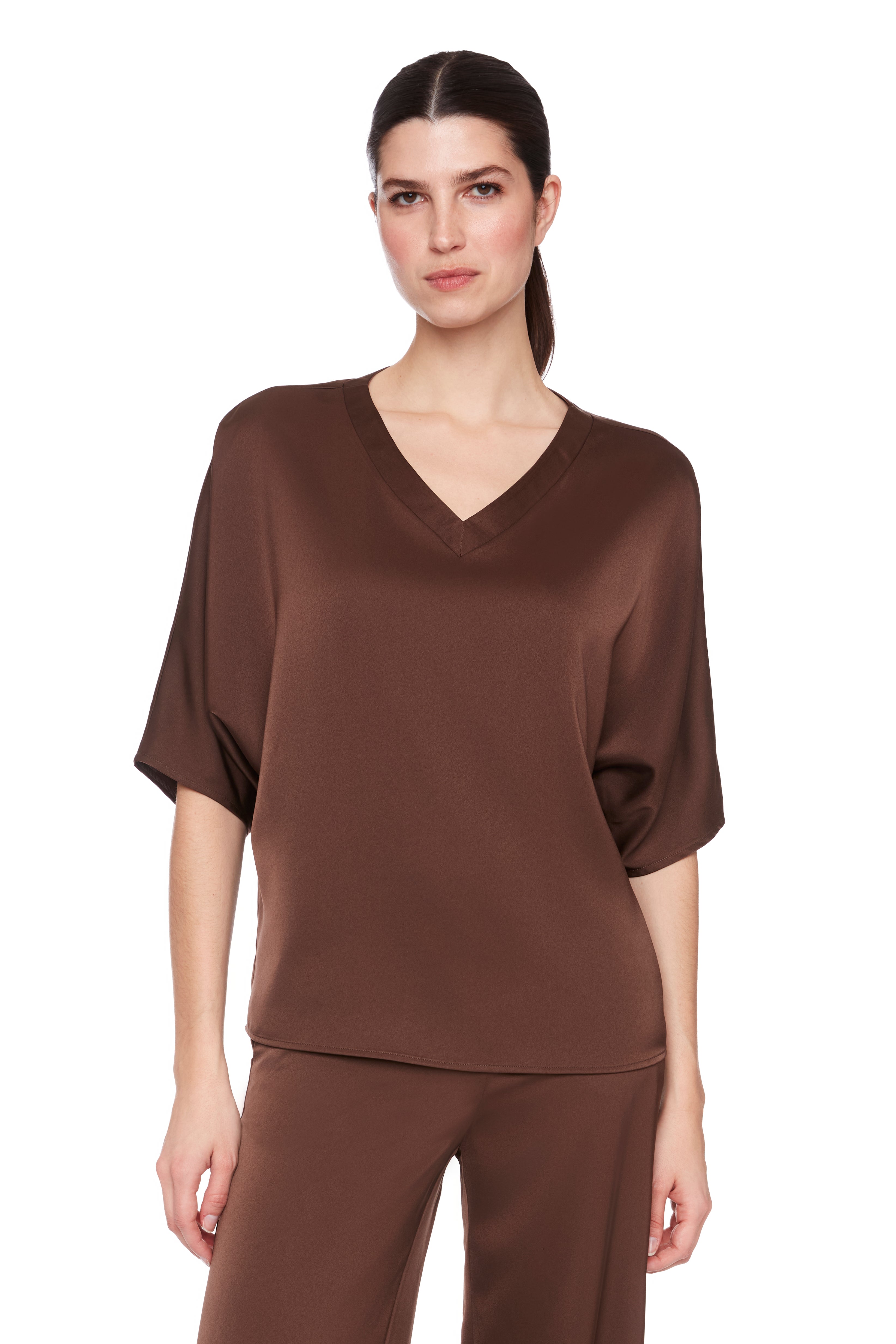 Belize Satin V-Neck Top - Chocolate