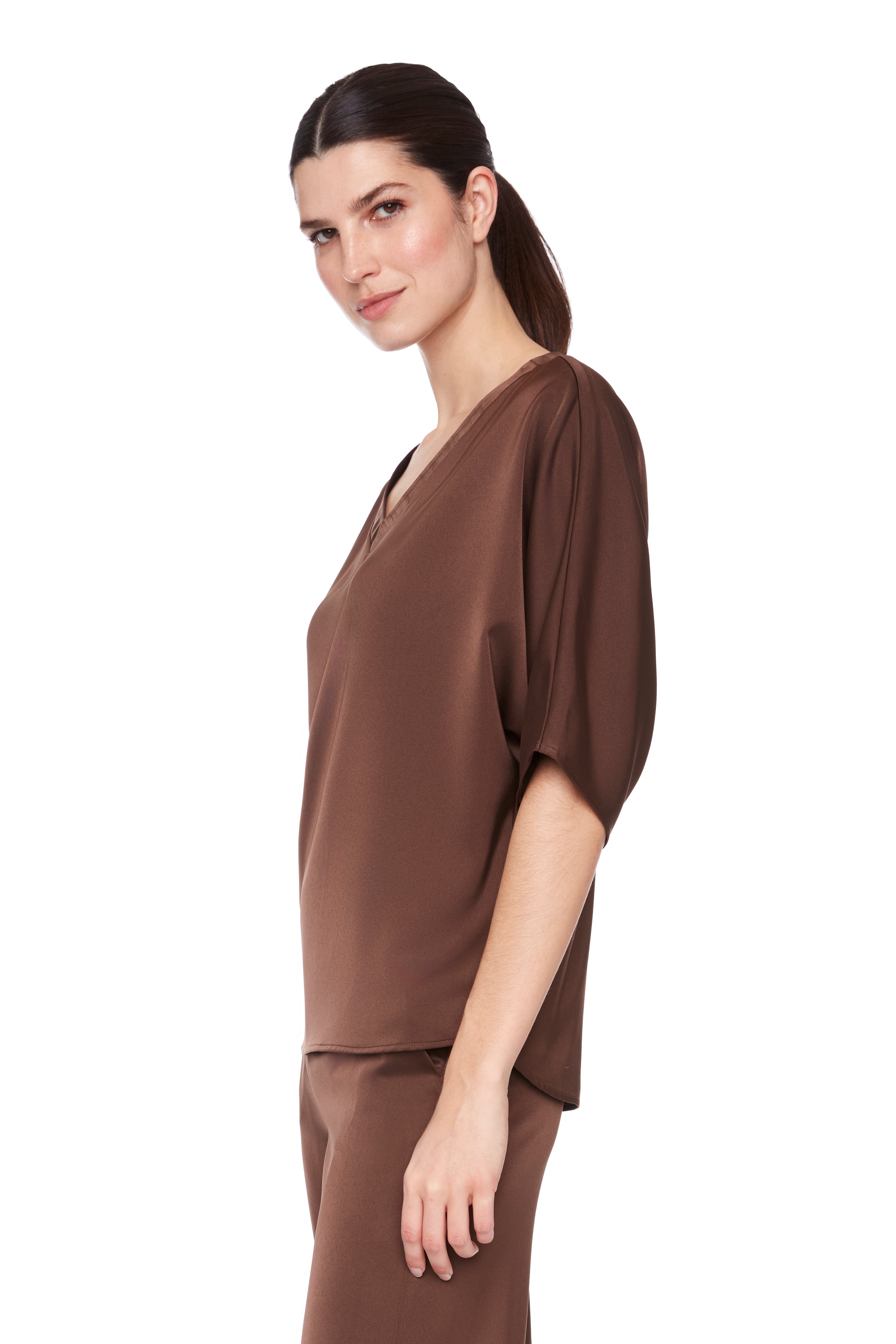 Belize Satin V-Neck Top - Chocolate