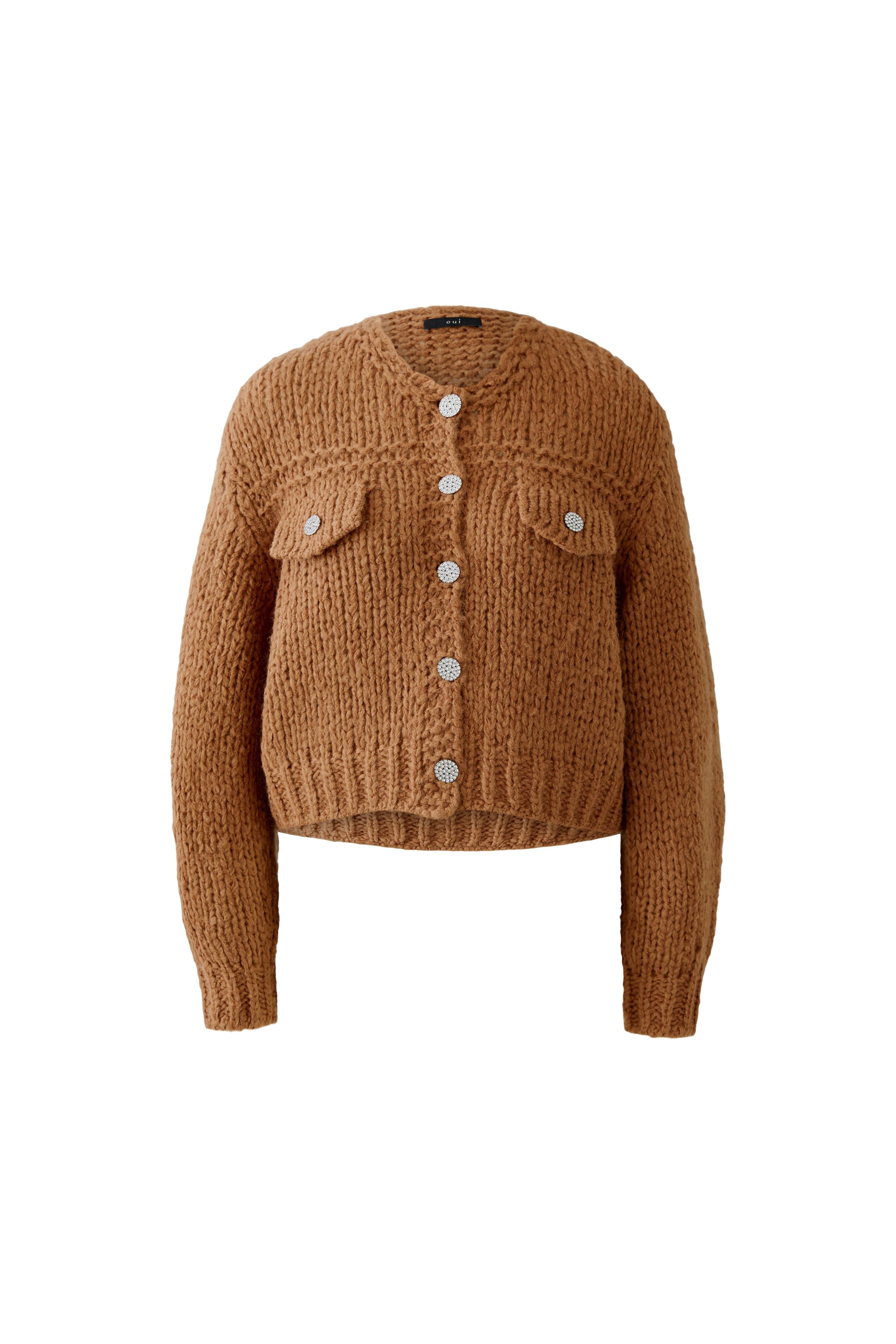 Chunky Crew Neck Knitted Cardigan - Caramel