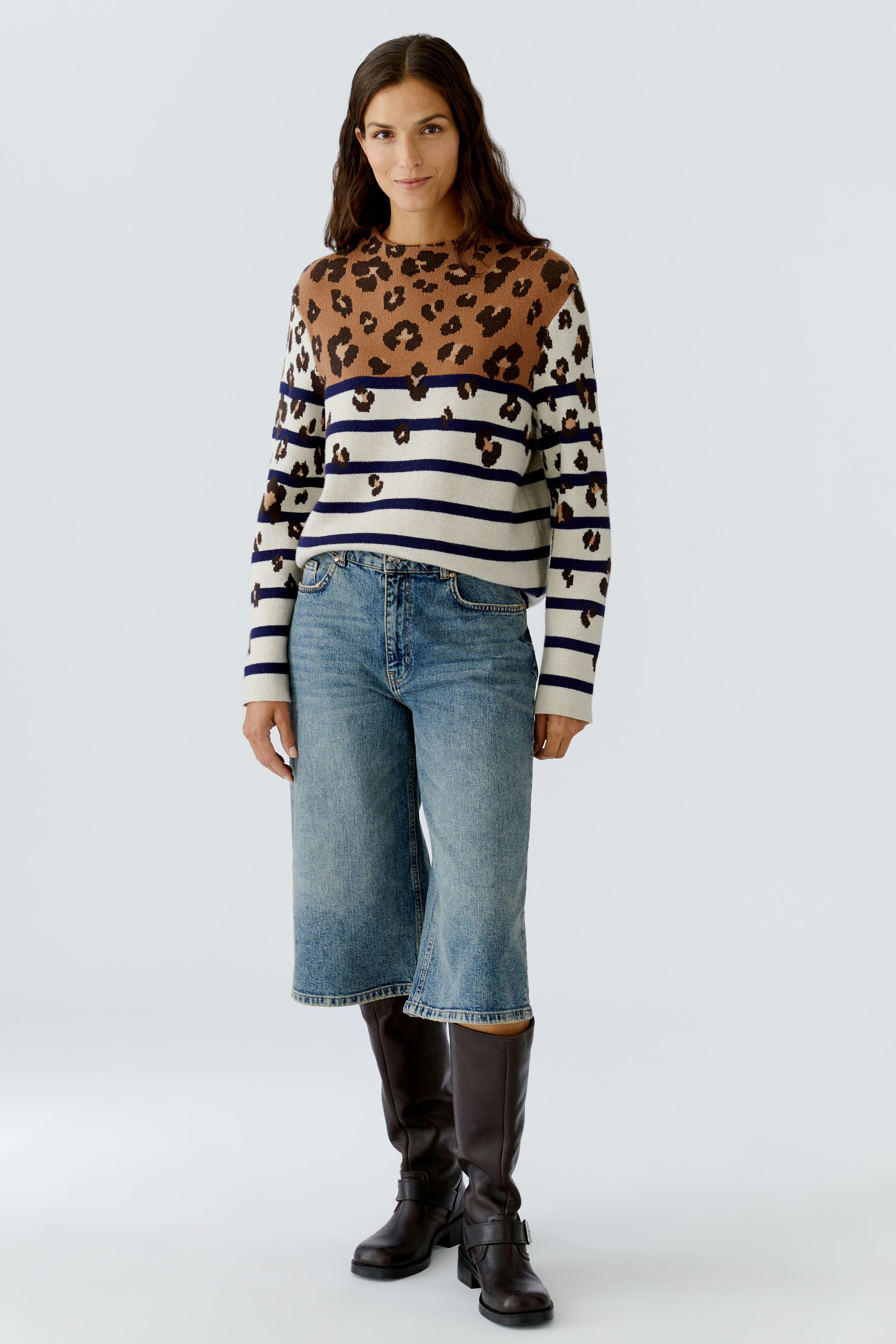 Animal Print Stripe Jumper - Off White/Caramel