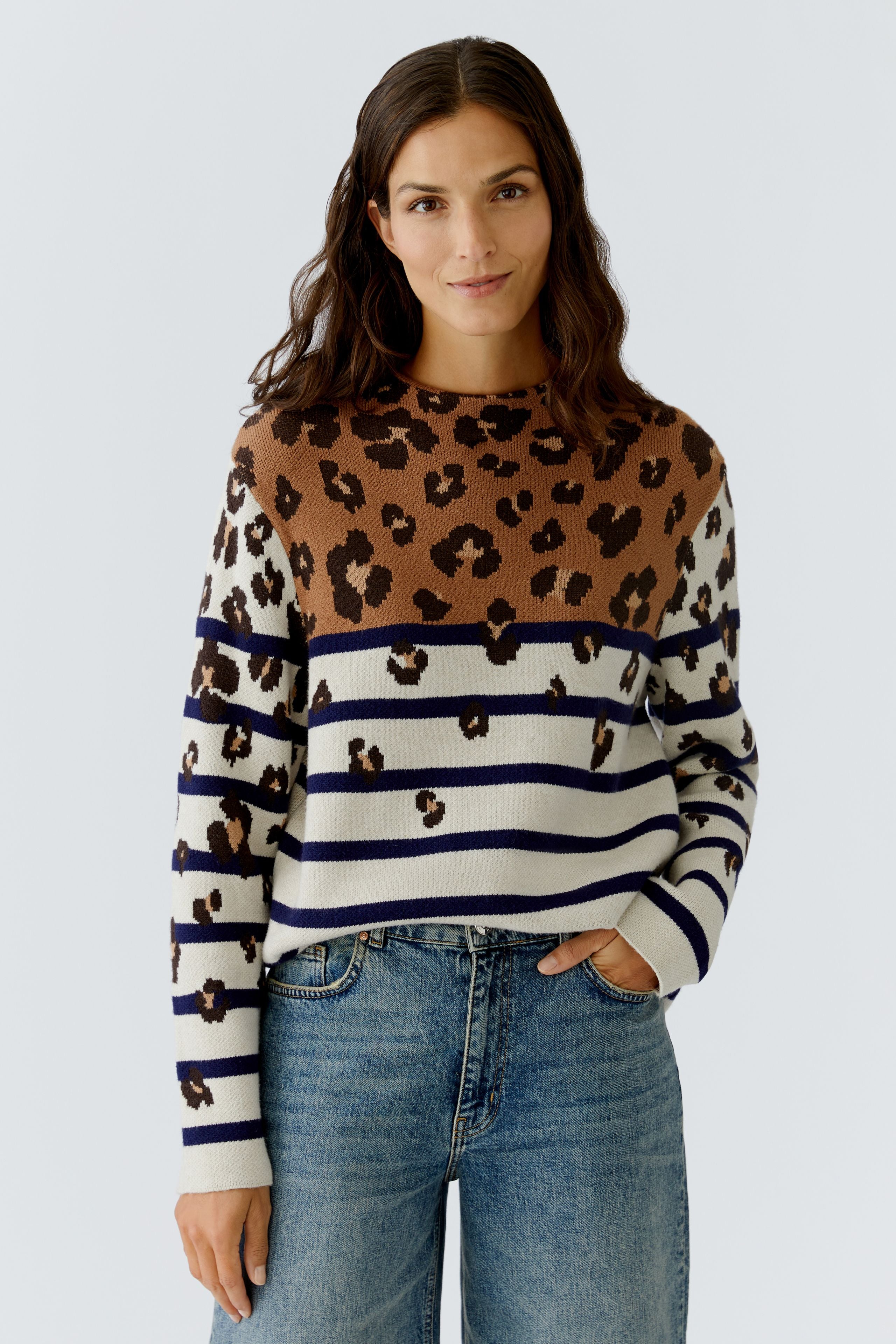 Animal Print Stripe Jumper - Off White/Caramel