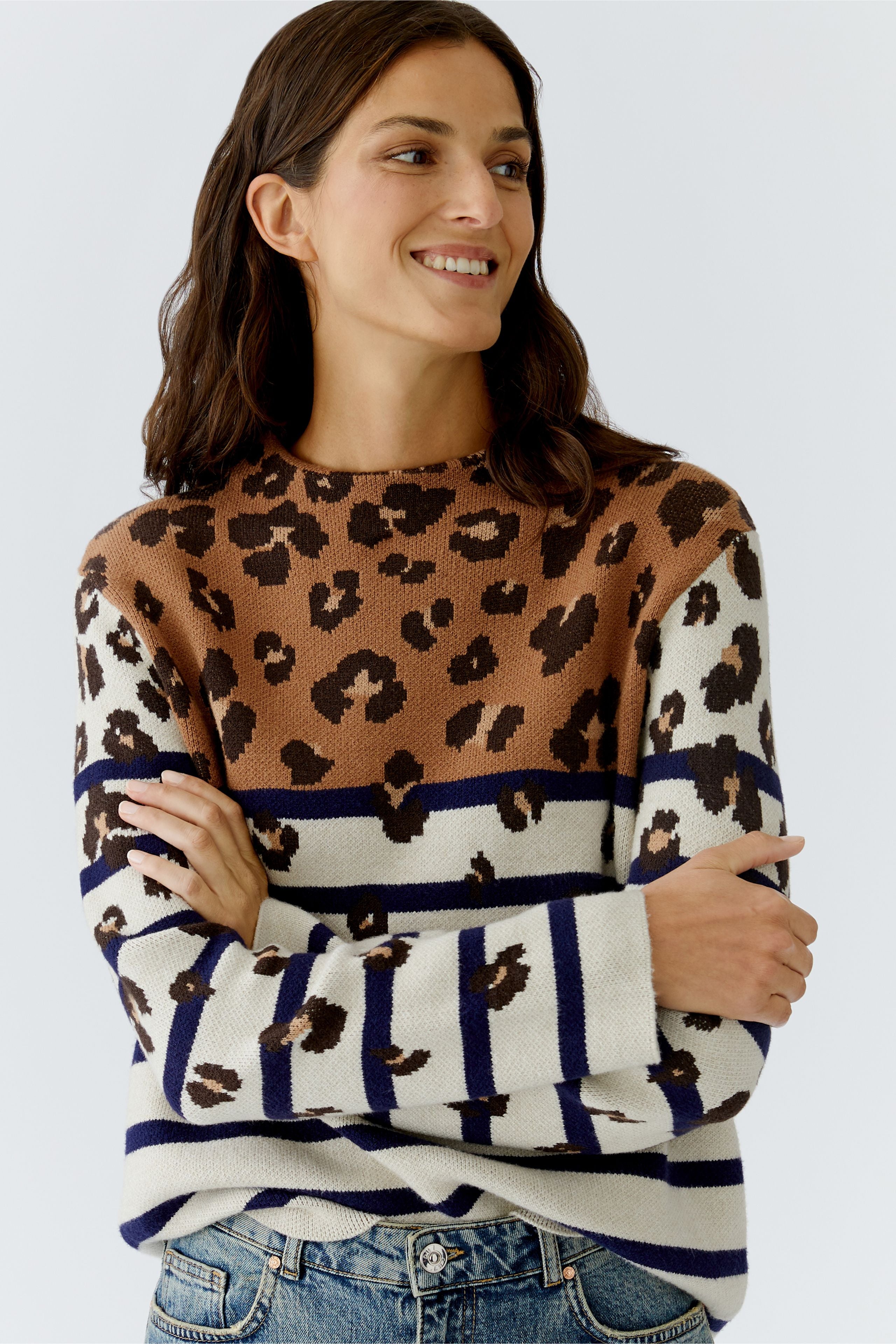 Animal Print Stripe Jumper - Off White/Caramel