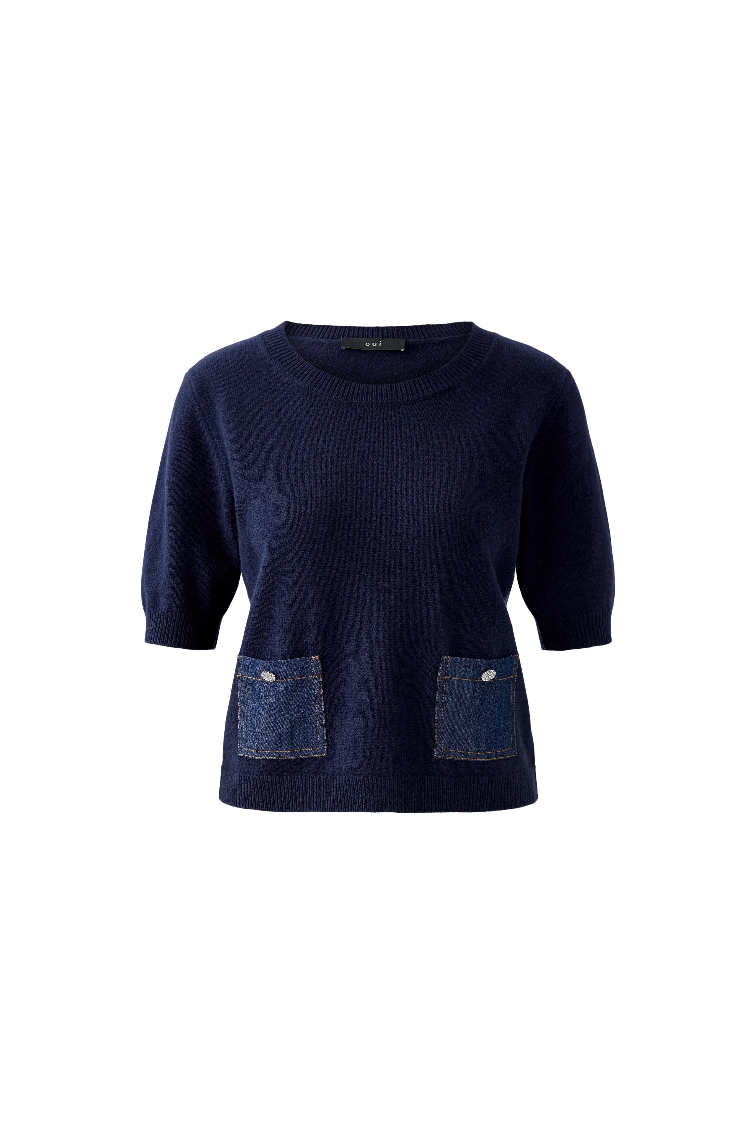 Denim Pocket Short Sleeve Knit Top - Dark Blue