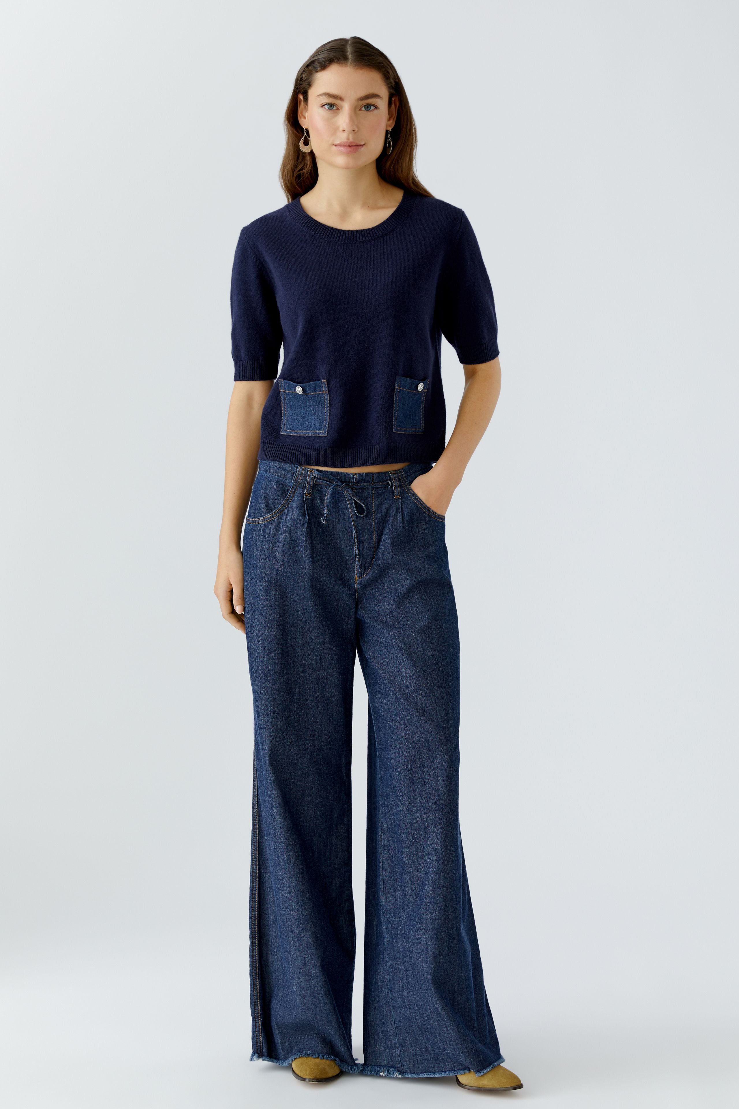 Denim Pocket Short Sleeve Knit Top - Dark Blue