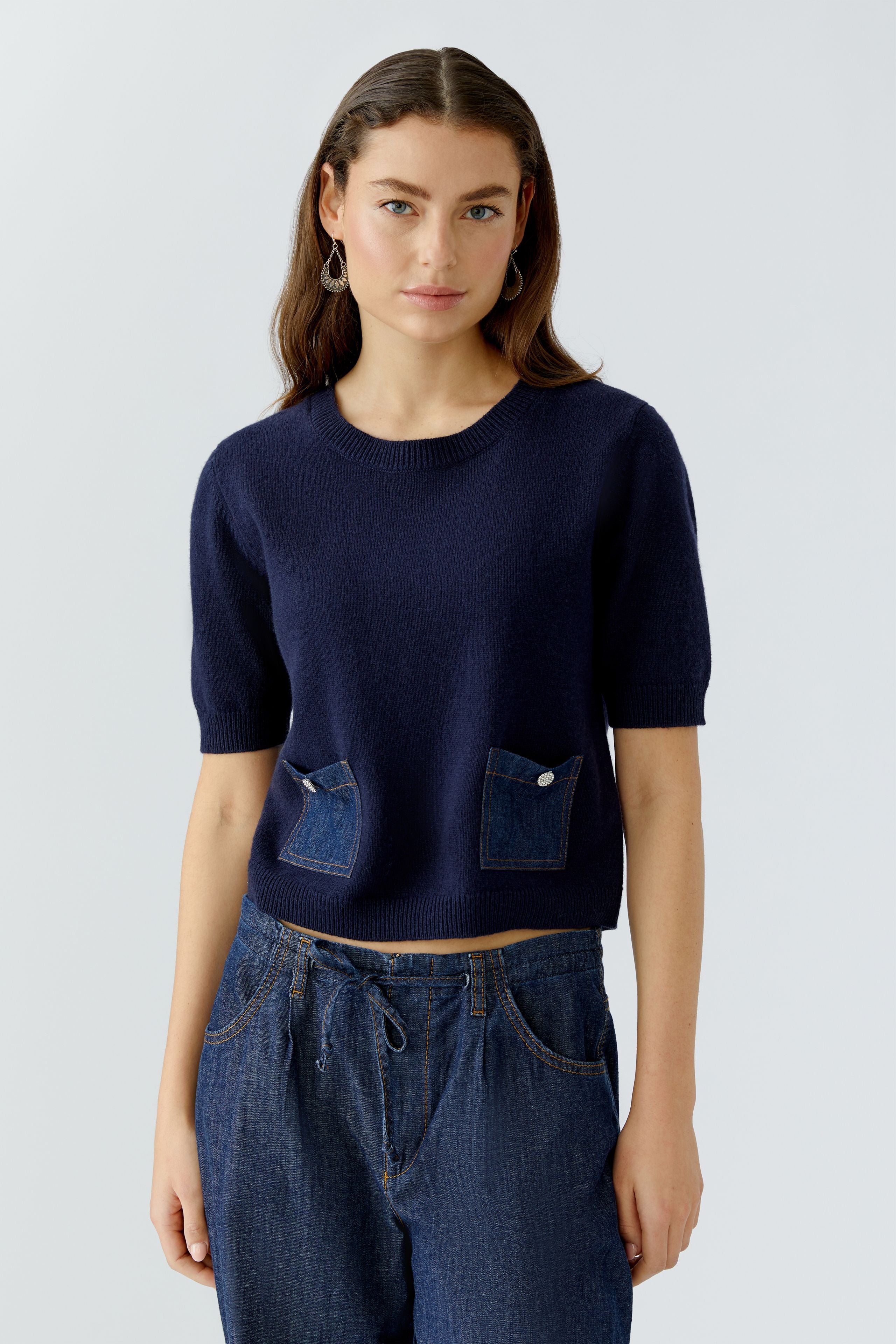 Denim Pocket Short Sleeve Knit Top - Dark Blue