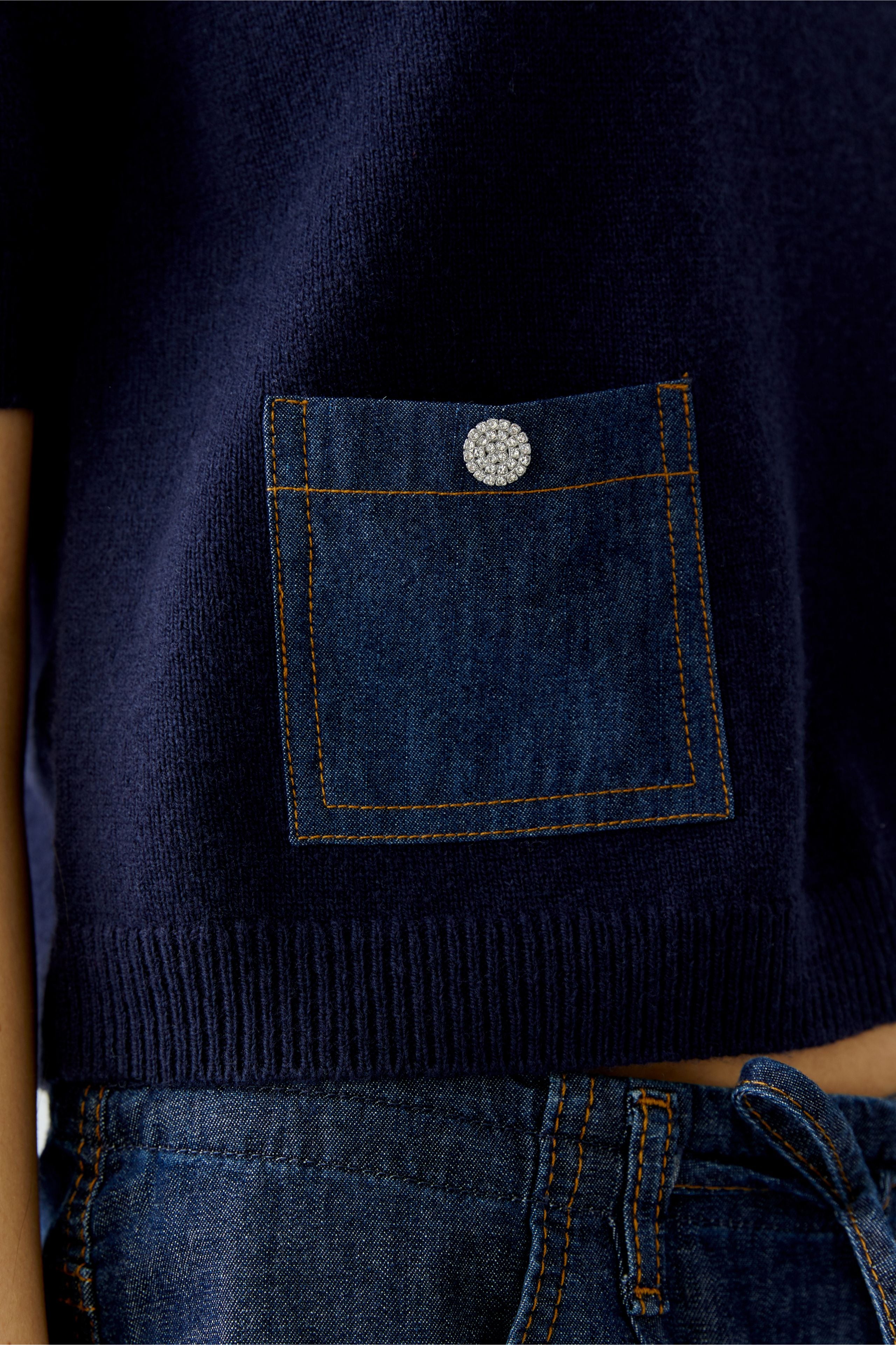 Denim Pocket Short Sleeve Knit Top - Dark Blue