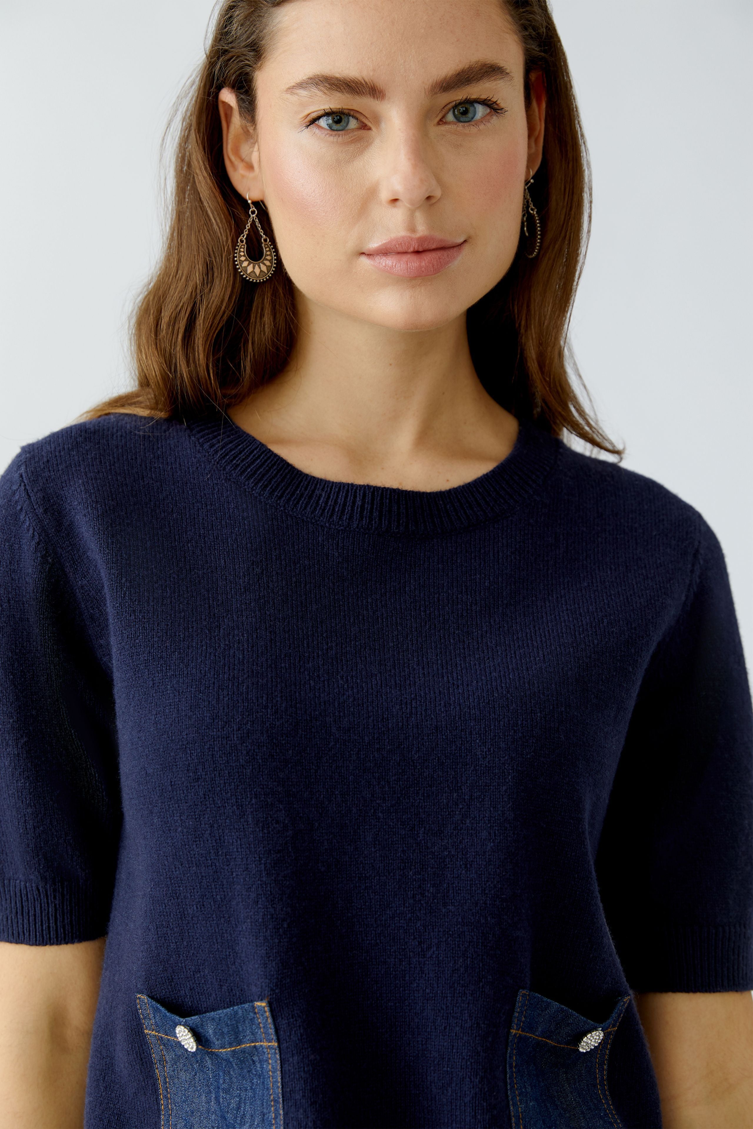 Denim Pocket Short Sleeve Knit Top - Dark Blue