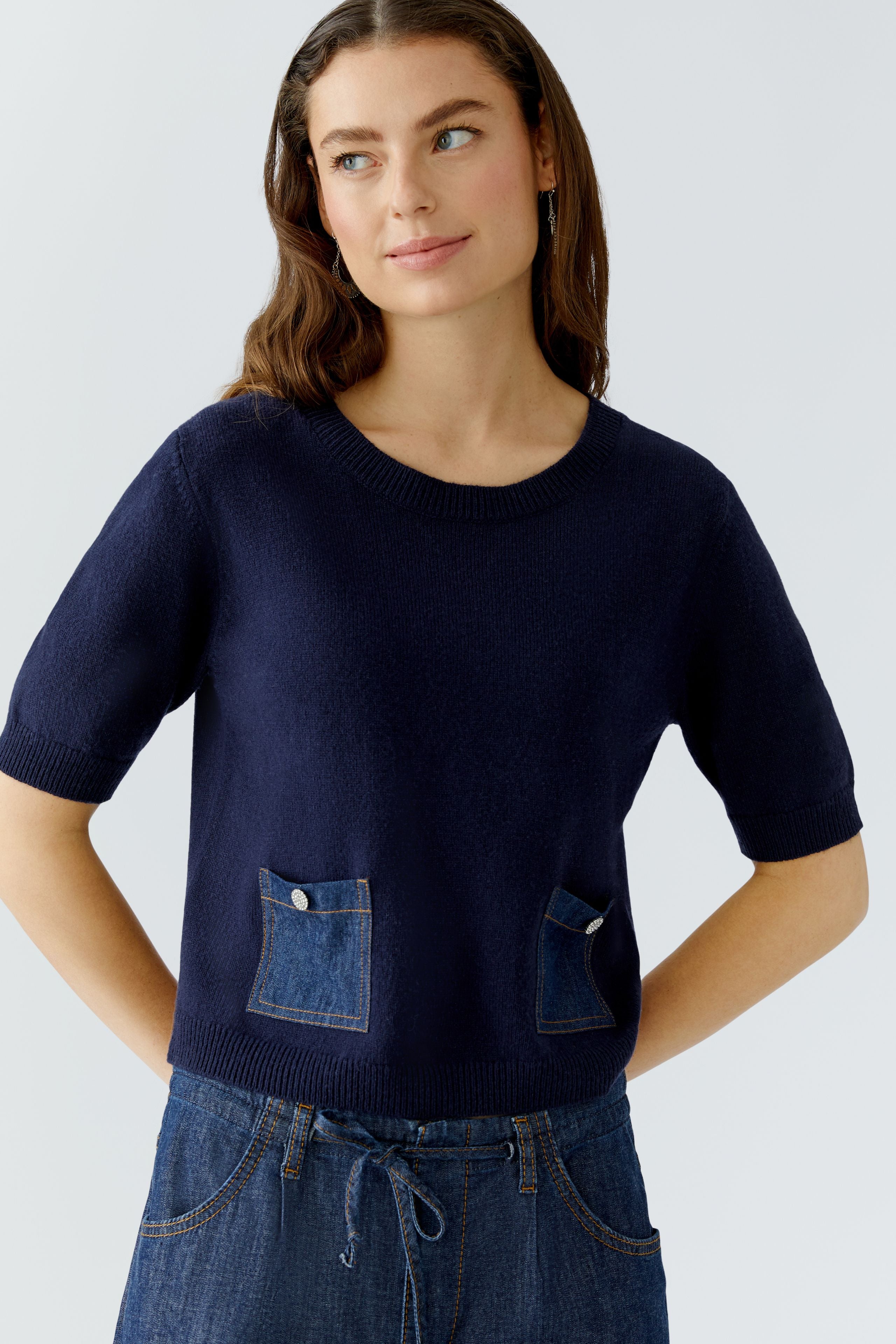 Denim Pocket Short Sleeve Knit Top - Dark Blue