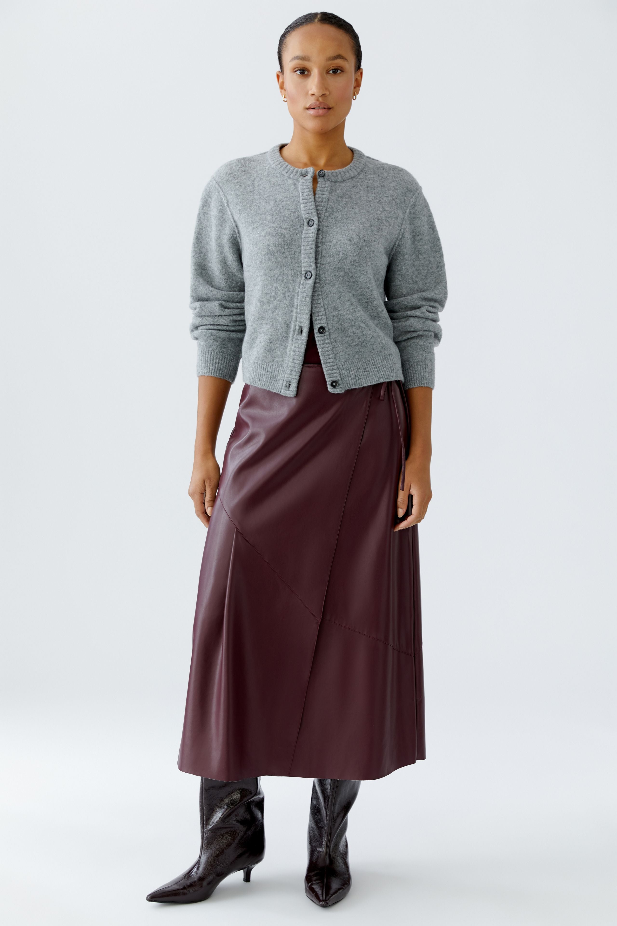 Faux Leather Tie Waist Midi Skirt - Berry
