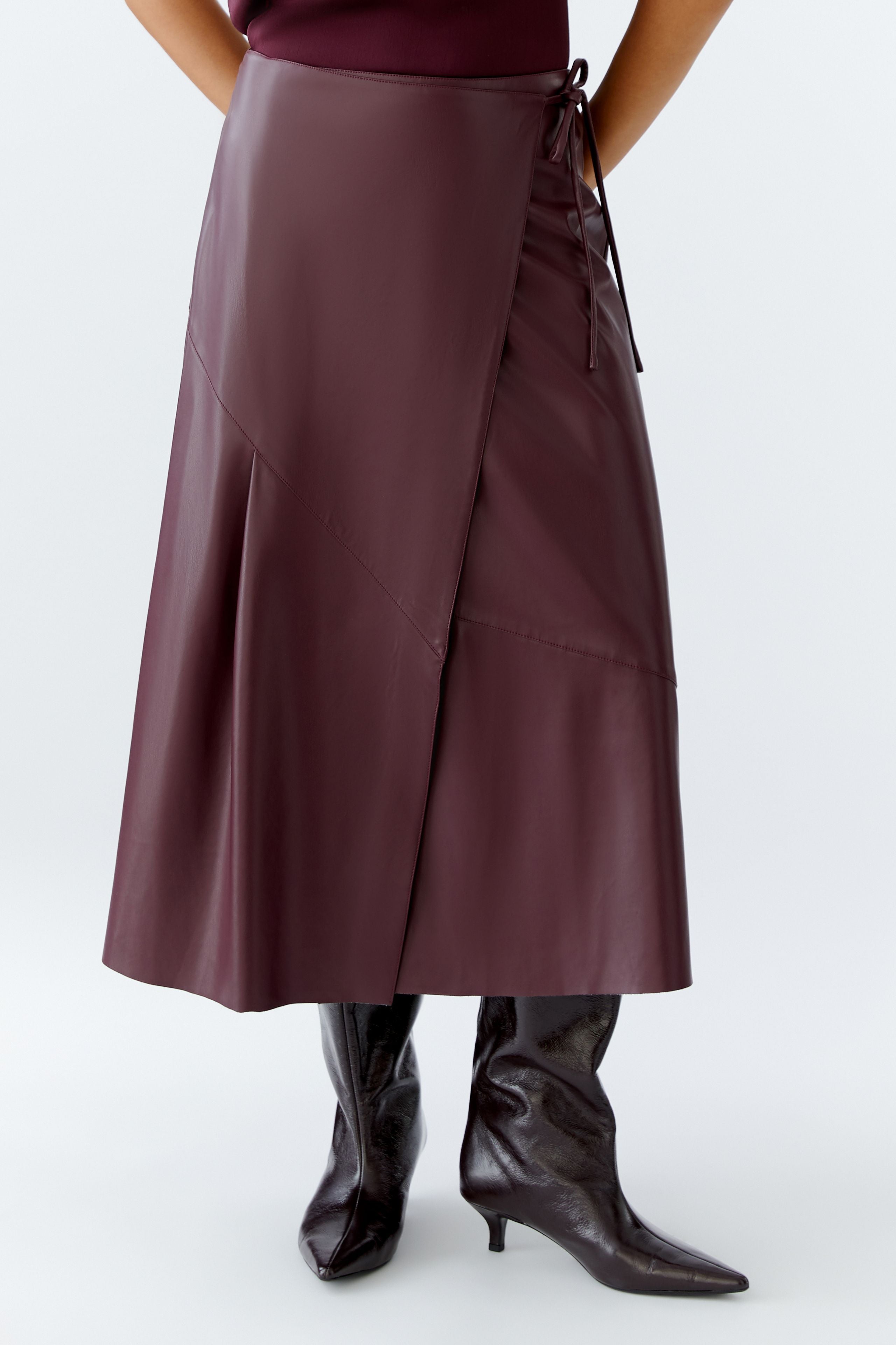 Faux Leather Tie Waist Midi Skirt - Berry