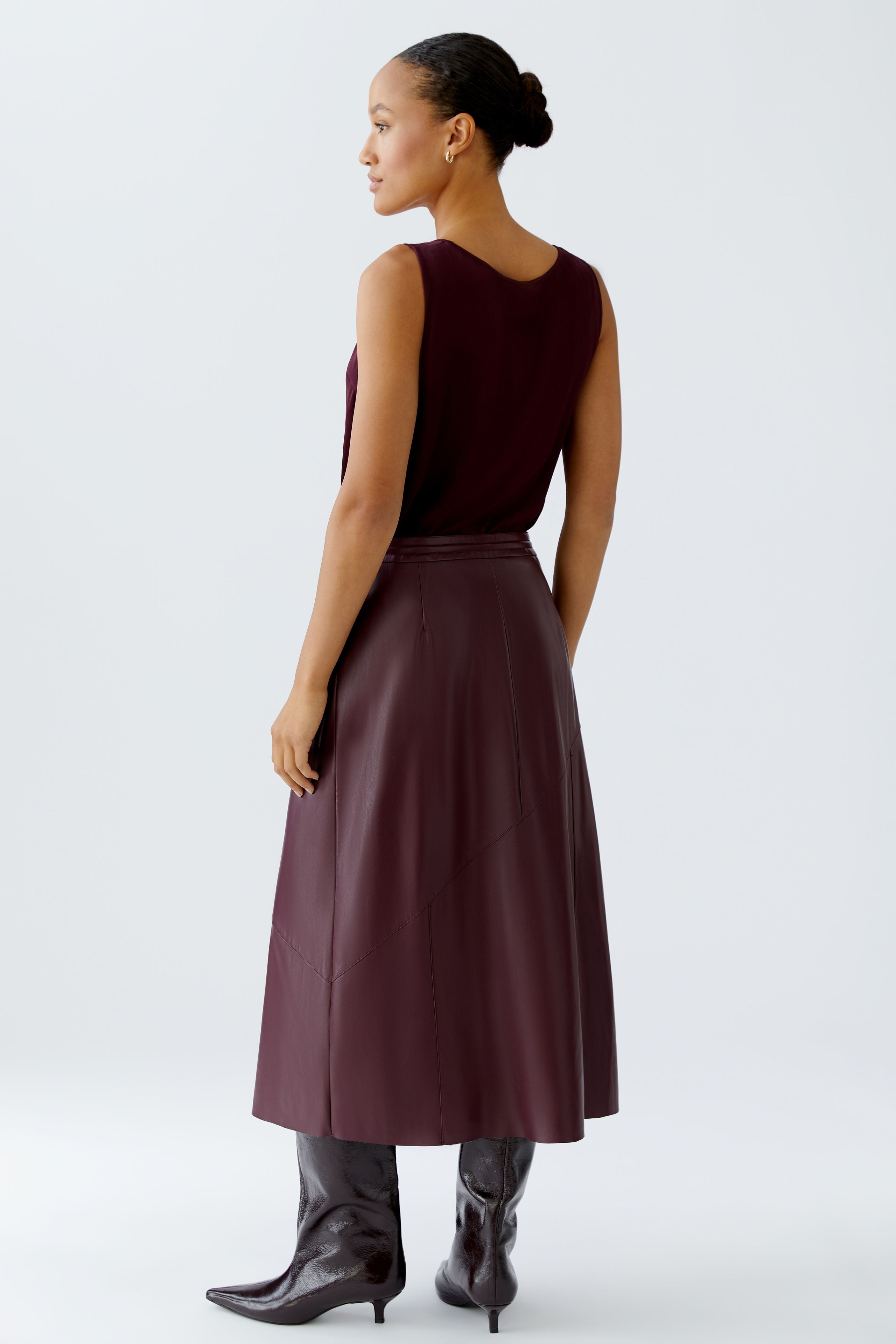 Faux Leather Tie Waist Midi Skirt - Berry