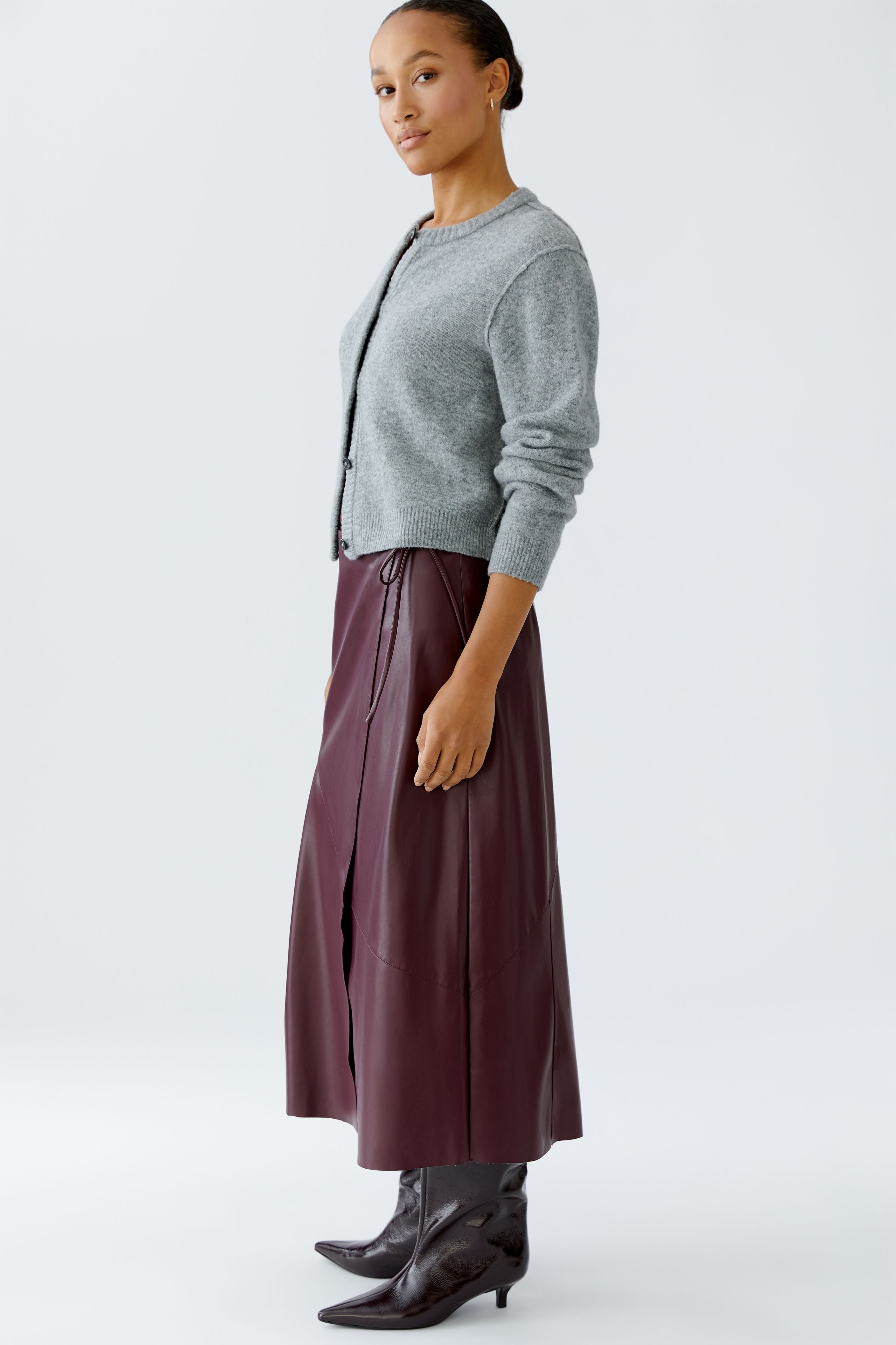 Faux Leather Tie Waist Midi Skirt - Berry