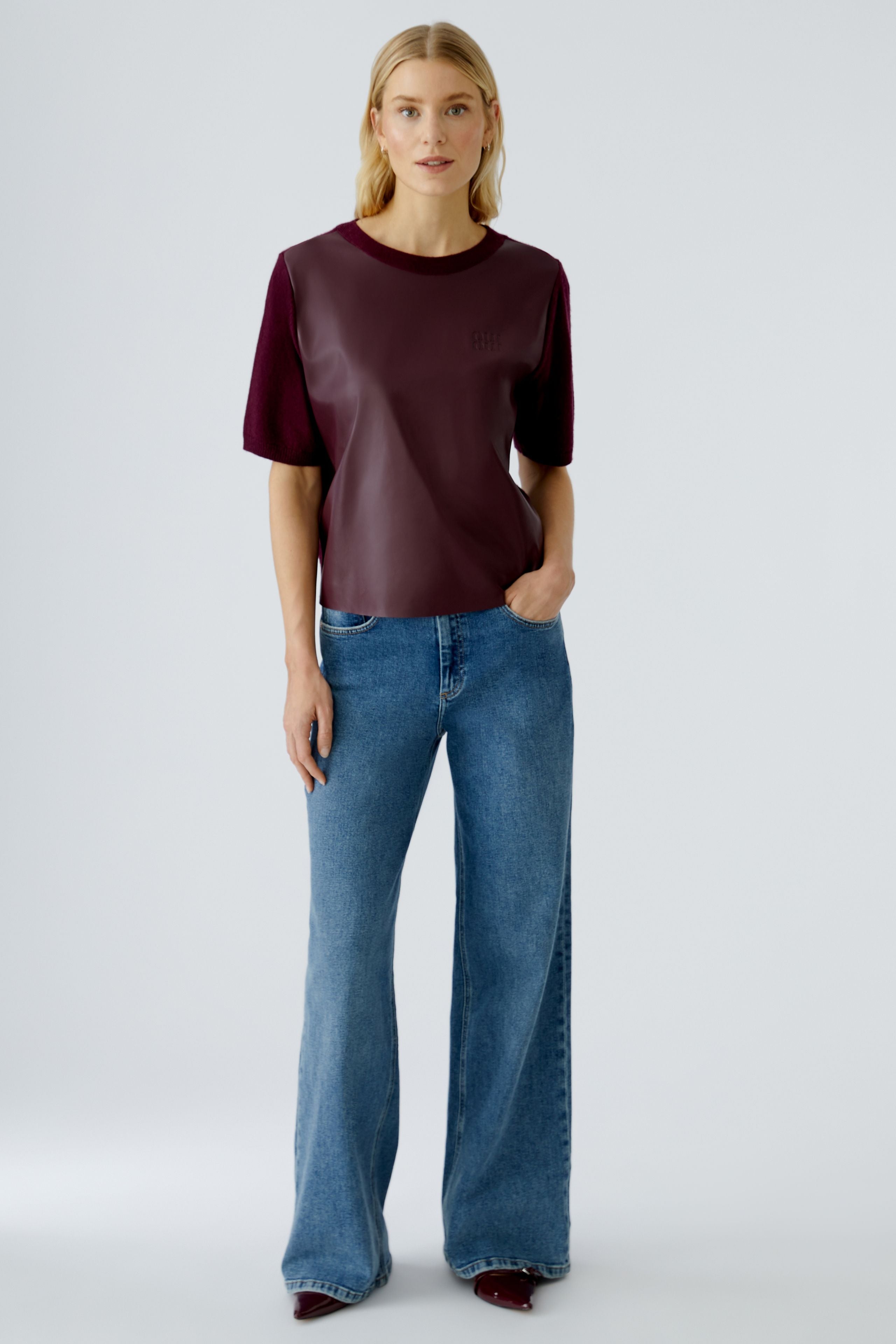 Faux Leather Front Top - Berry