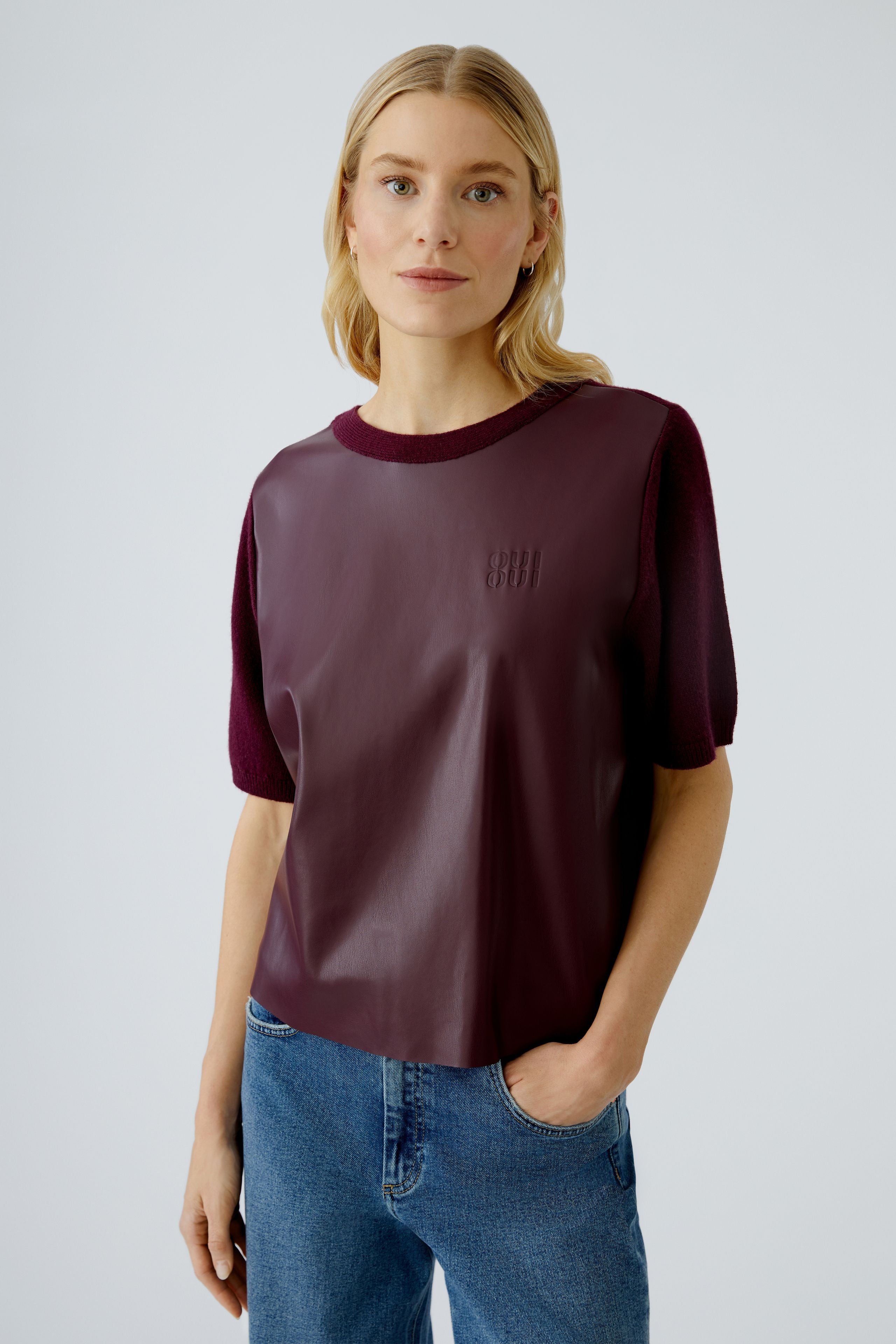 Faux Leather Front Top - Berry