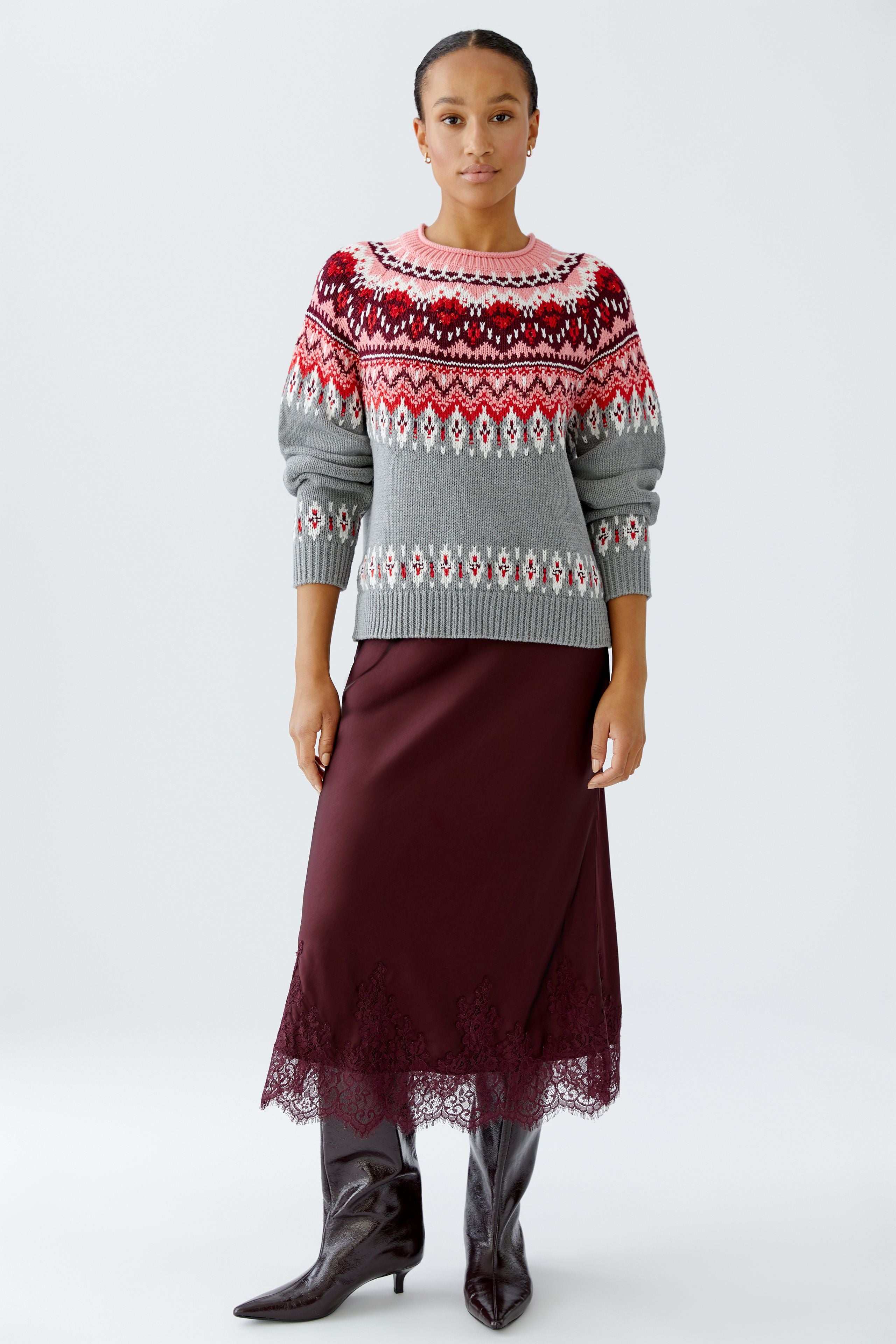 Backwards Nordic Knit Jumper - Grey/Pink Mix