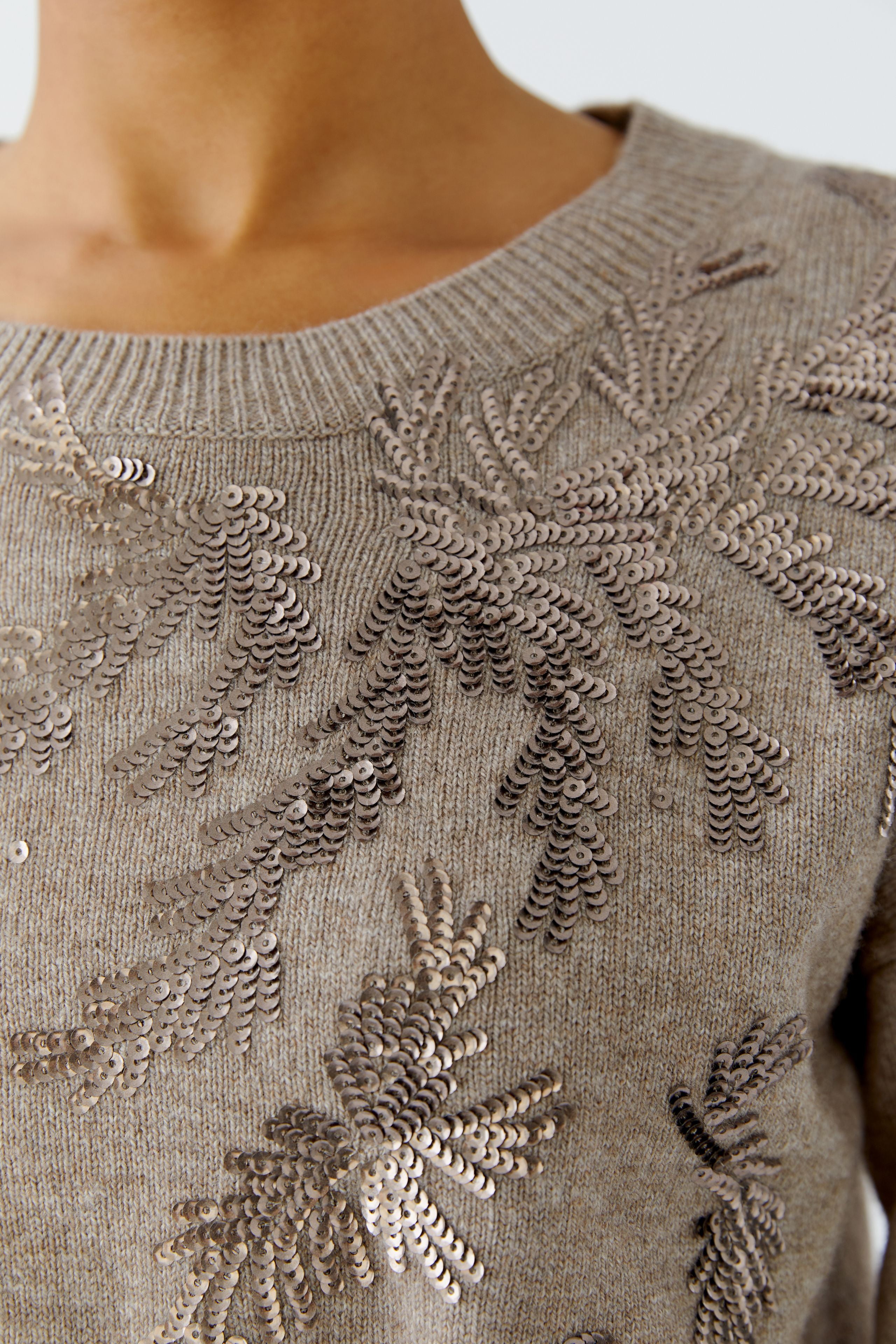 Sequin Motif Knit Jumper - Taupe