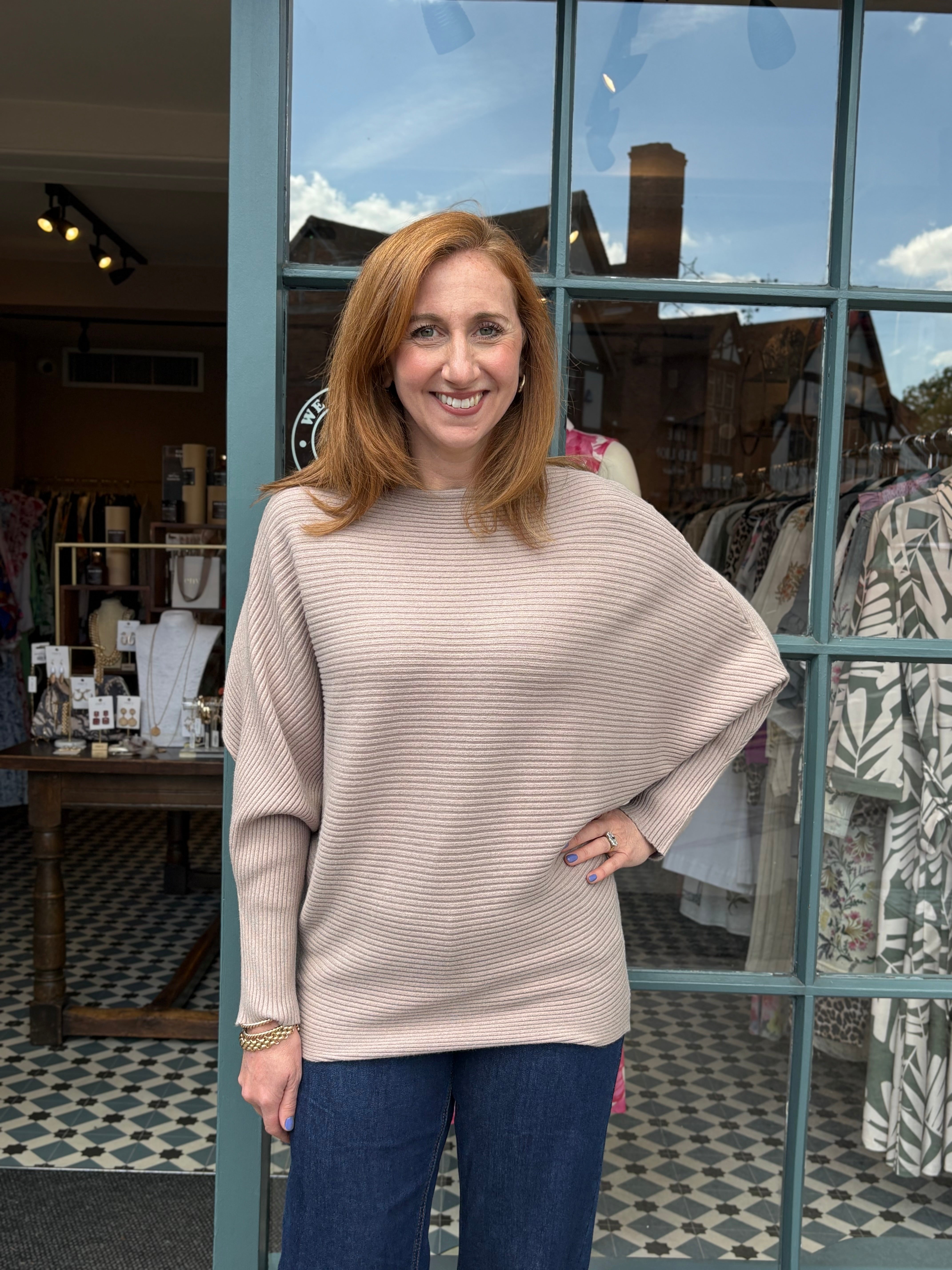 Ribbed Batwing Jumper - Taupe