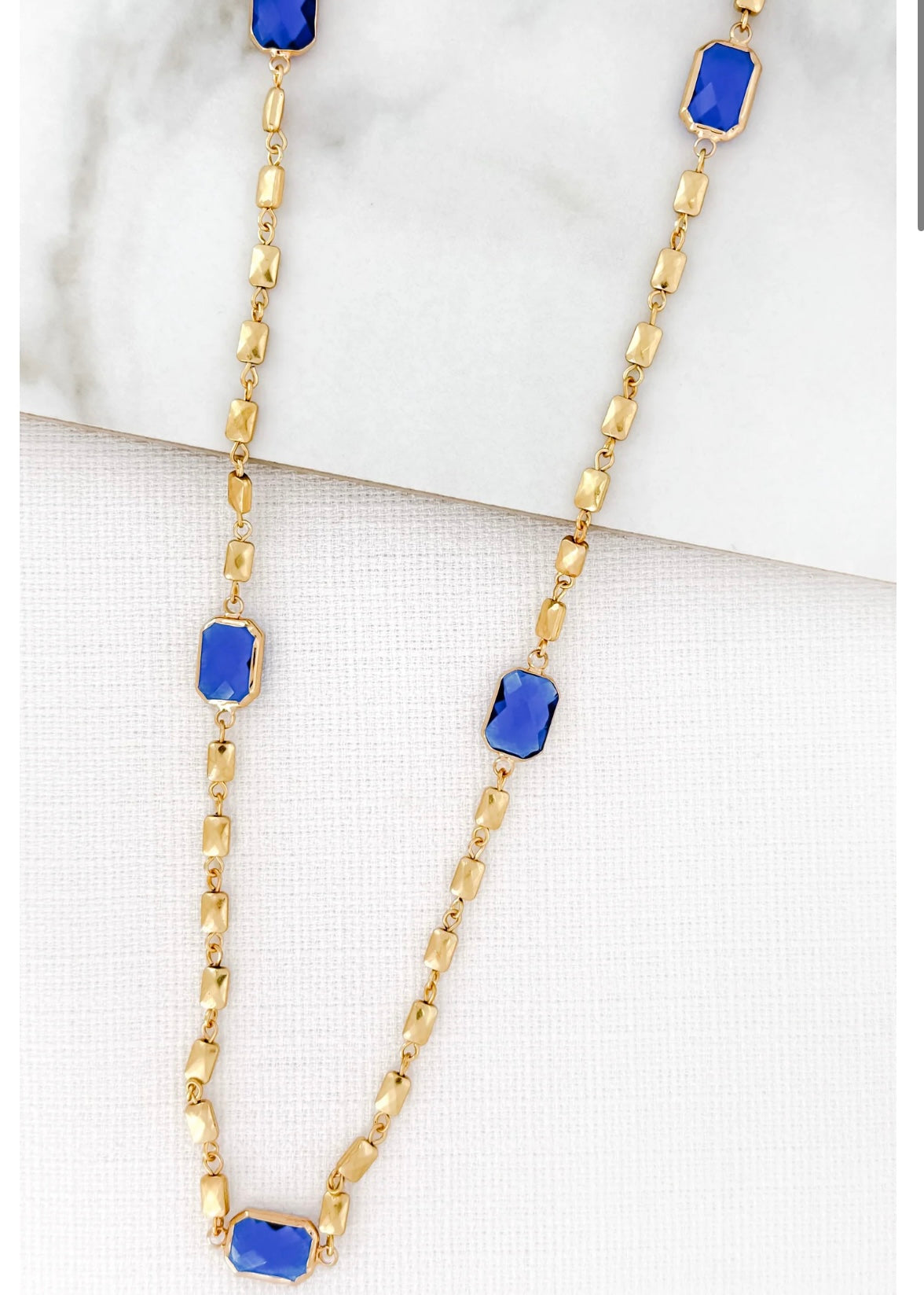 Long Blue Stone Necklace - Gold