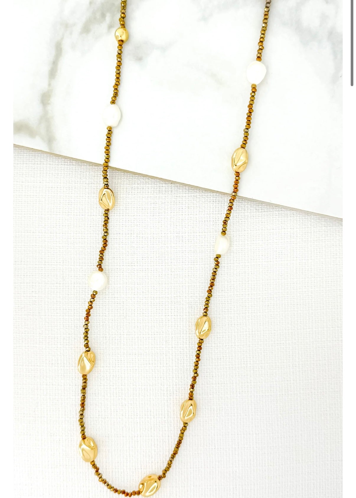Long Small Beaded Necklace - Gold