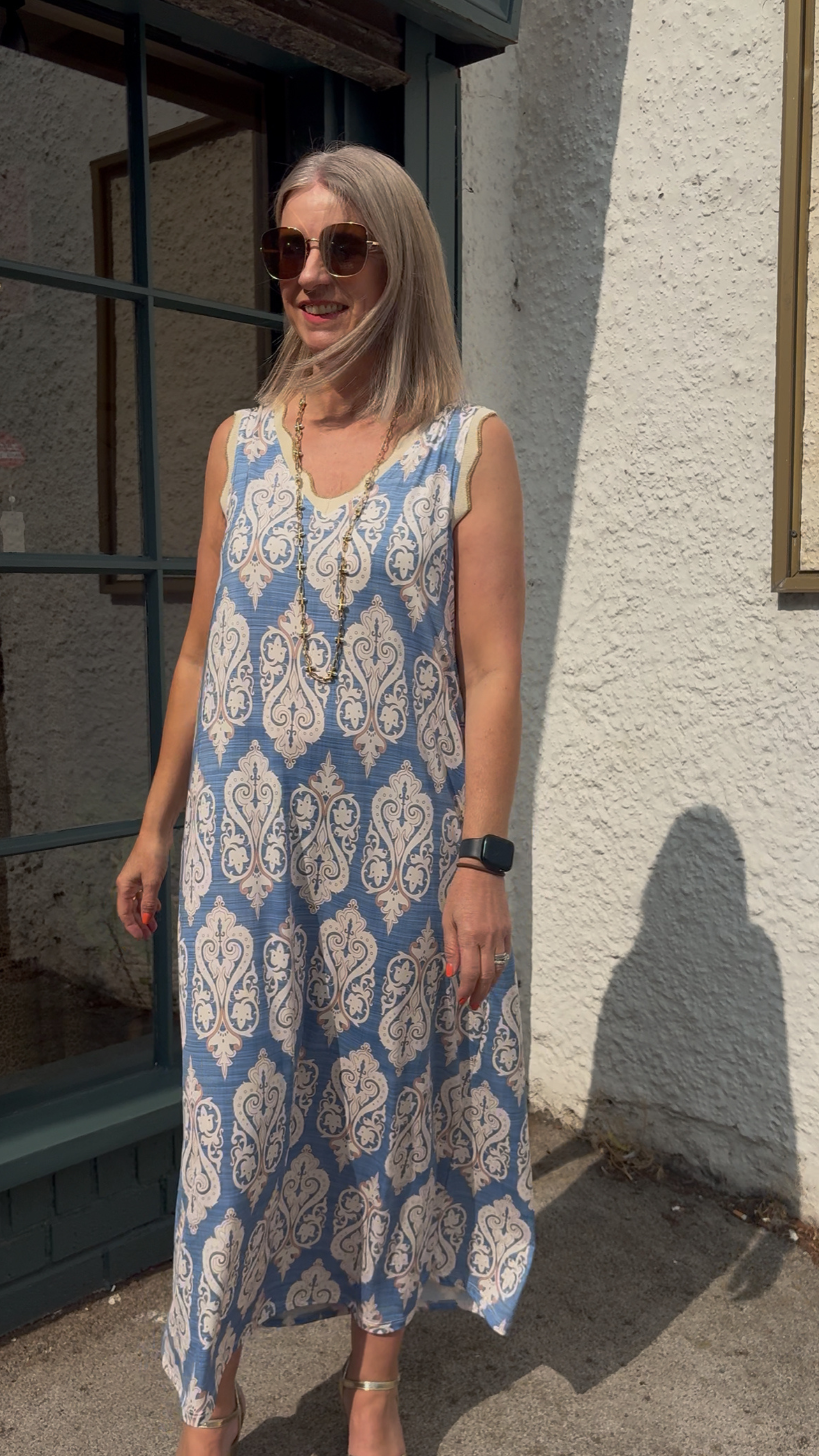 Antique Print Midi Dress - Blue/Cream