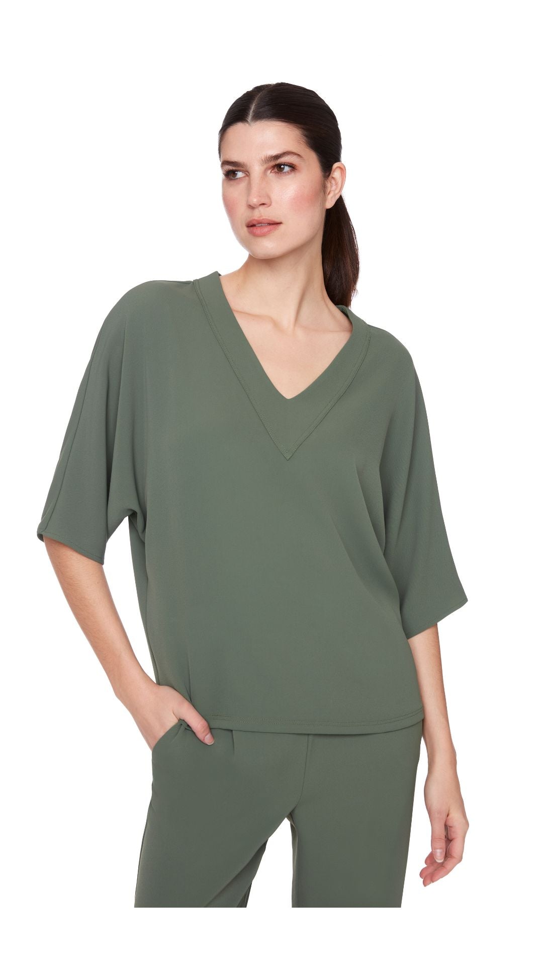 Vegan Silk V-Neck Top - Khaki