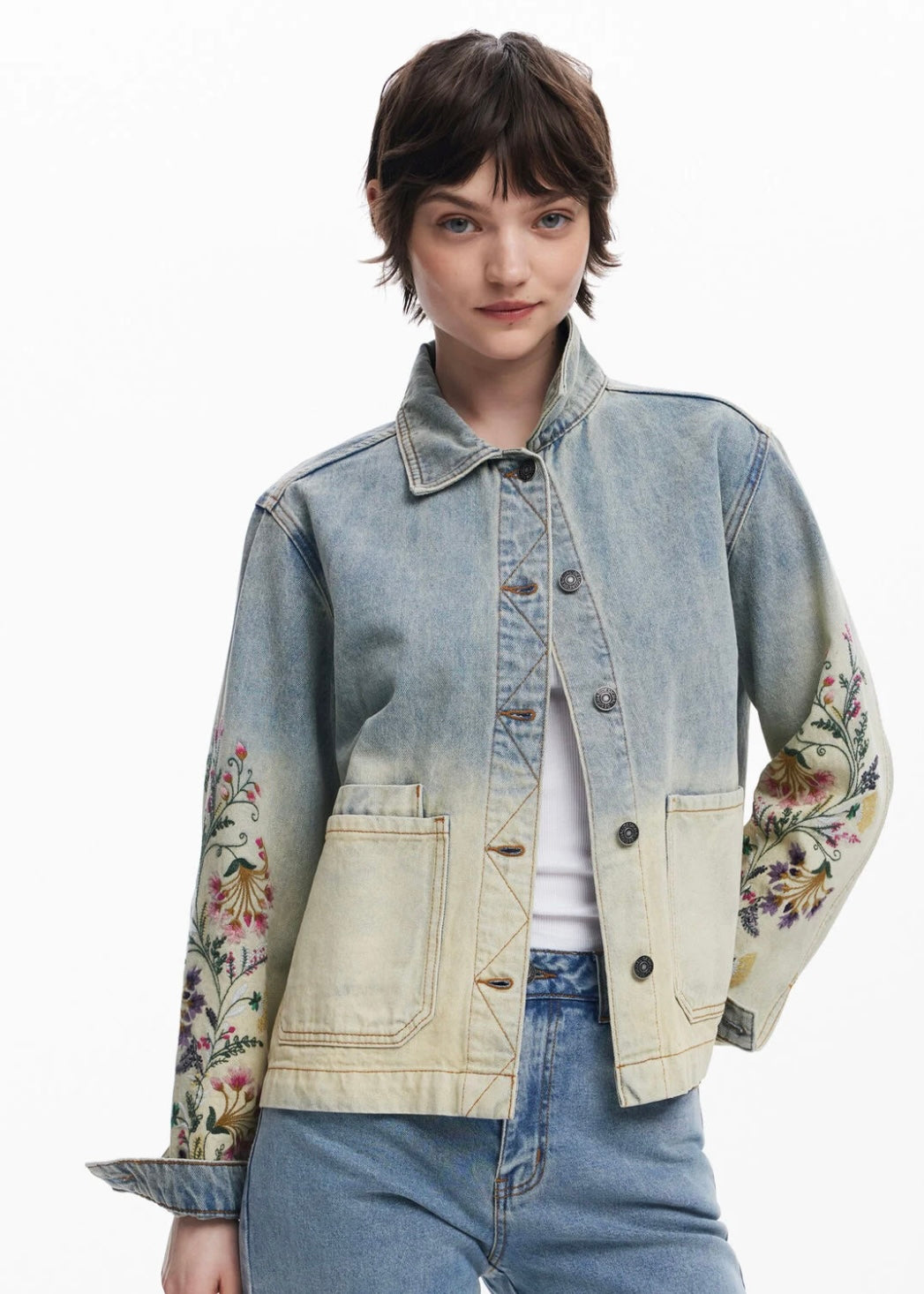 Floral Denim Jacket - Bleach Blue