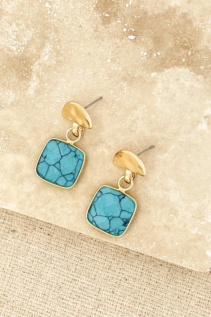 Blue Square Earrings in Gold