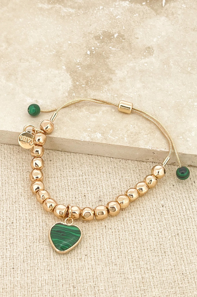 Adjustable Bracelet in Gold with Green Heart