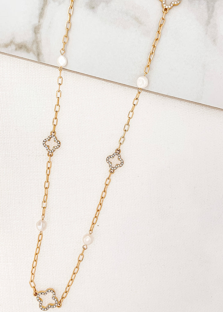 Long Clover Necklace in Pearl & Gold