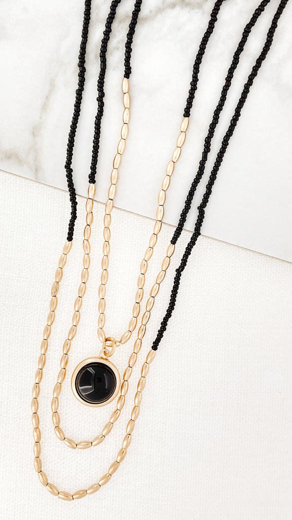 Triple Layer Necklace in Black/Gold