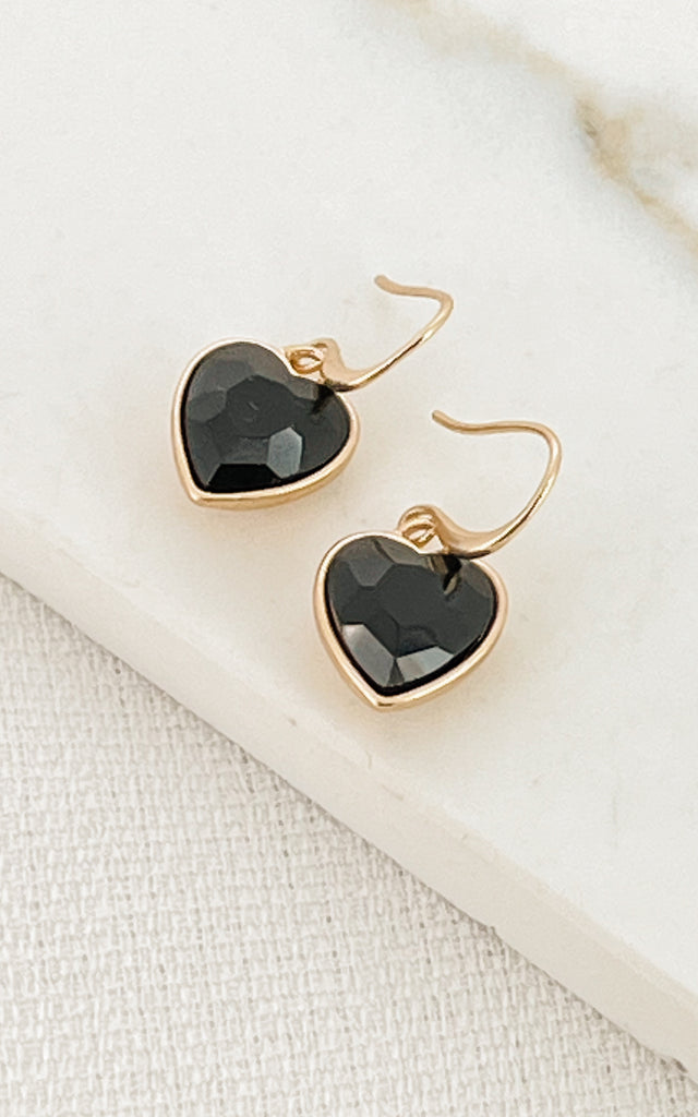 Heart Drop Earrings in Black/Gold
