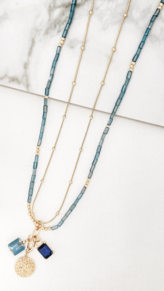 Layered Bead Necklace in Blue/Gold