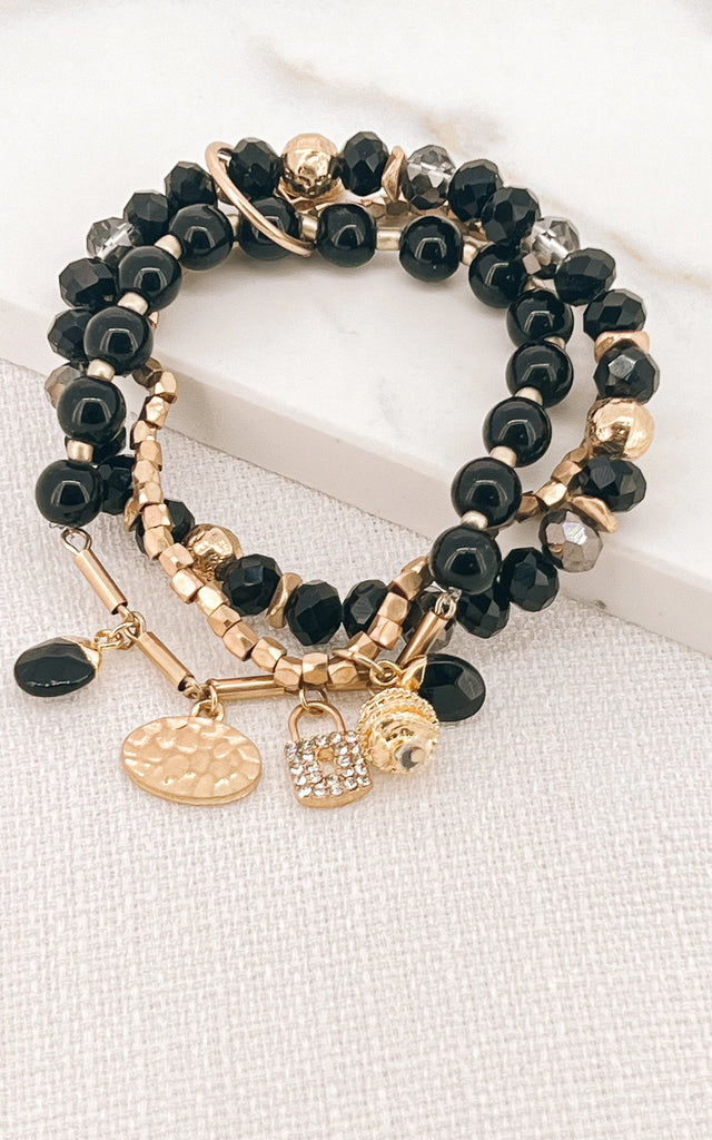 Layered Beaded Bracelet in Gold and Black